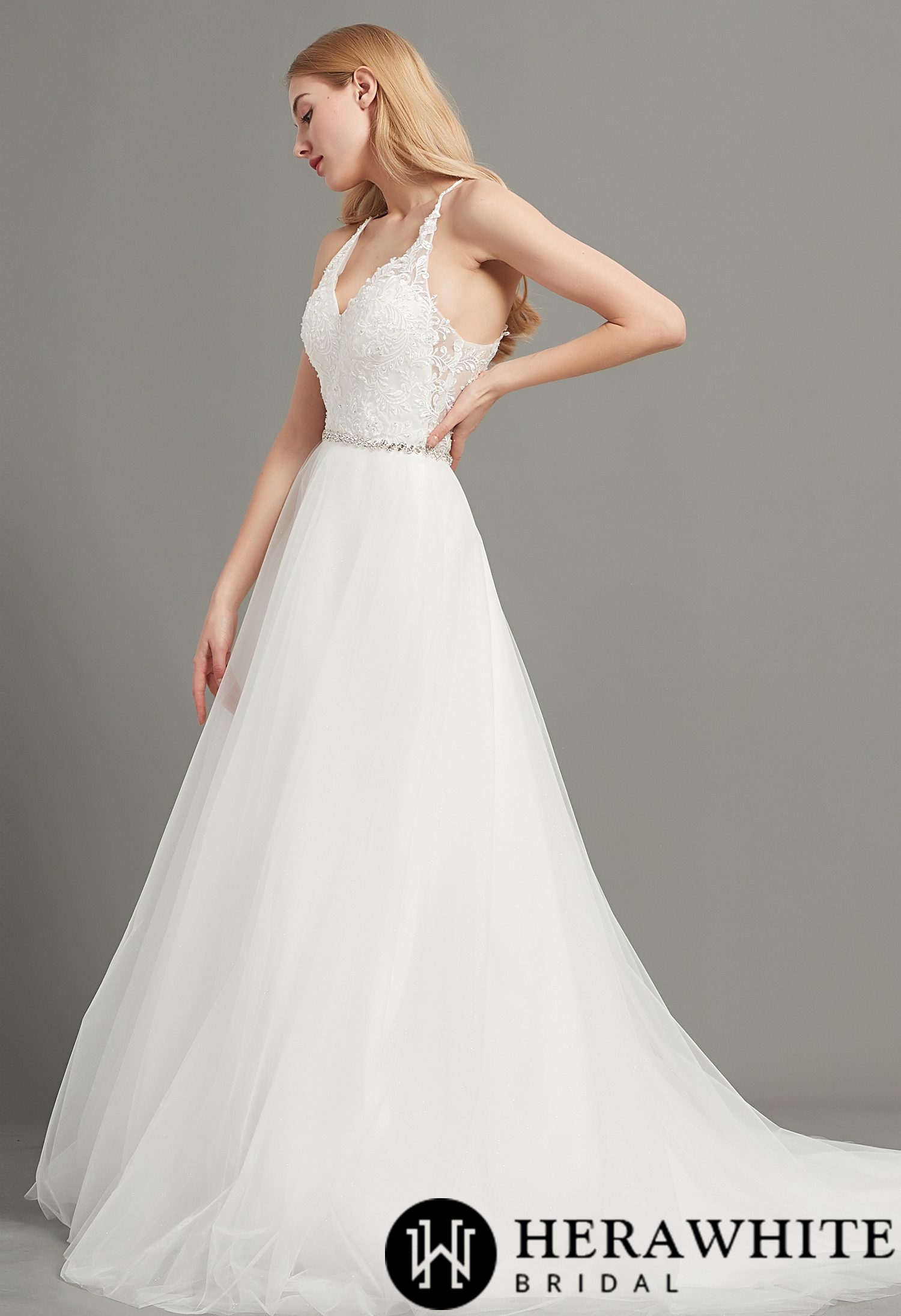 Romantic Open Back V-Neck Beading Belt Wedding Dress