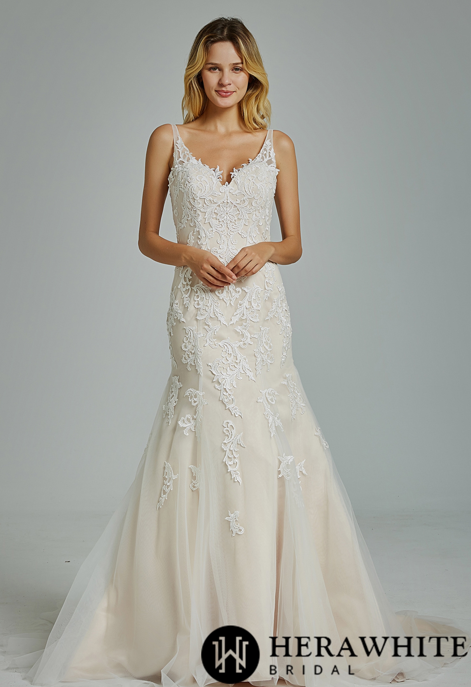 Gorgeous Appliques V Neck Fit And Flare Wedding Dress
