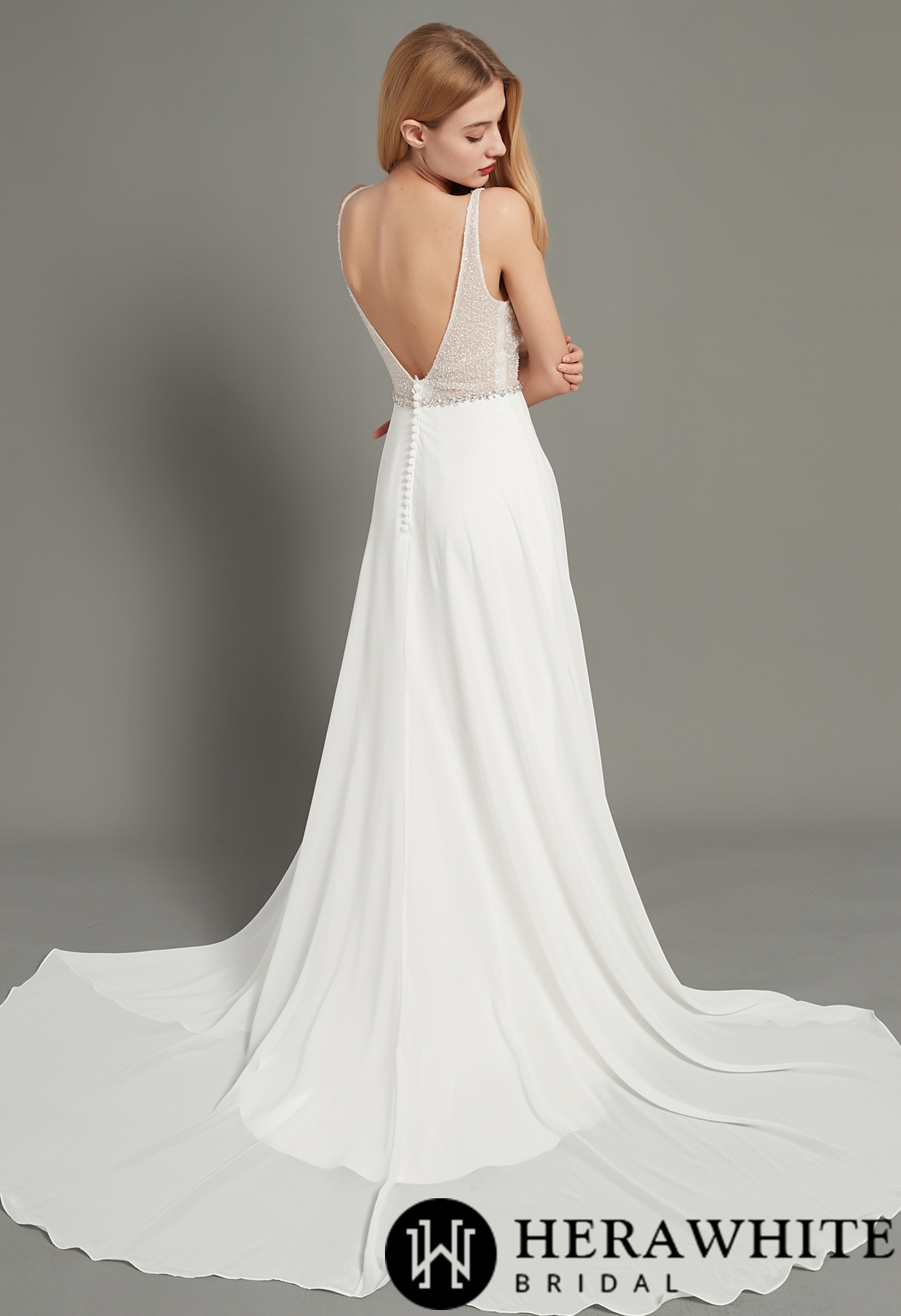 Crystal and beading V Neck Aline Chiffon Wedding Dress