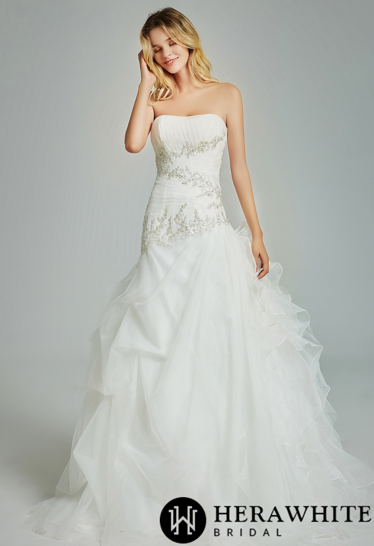 Strapless Pleated Ruffled Wedding Dress