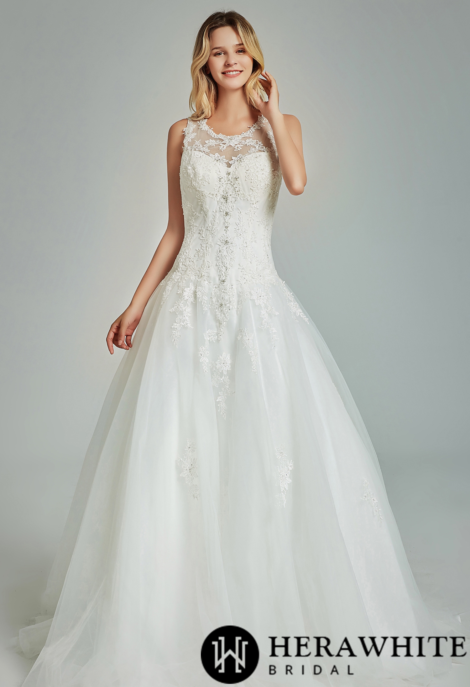 Elegant A-Line Appliques Sheer Back Wedding Dress