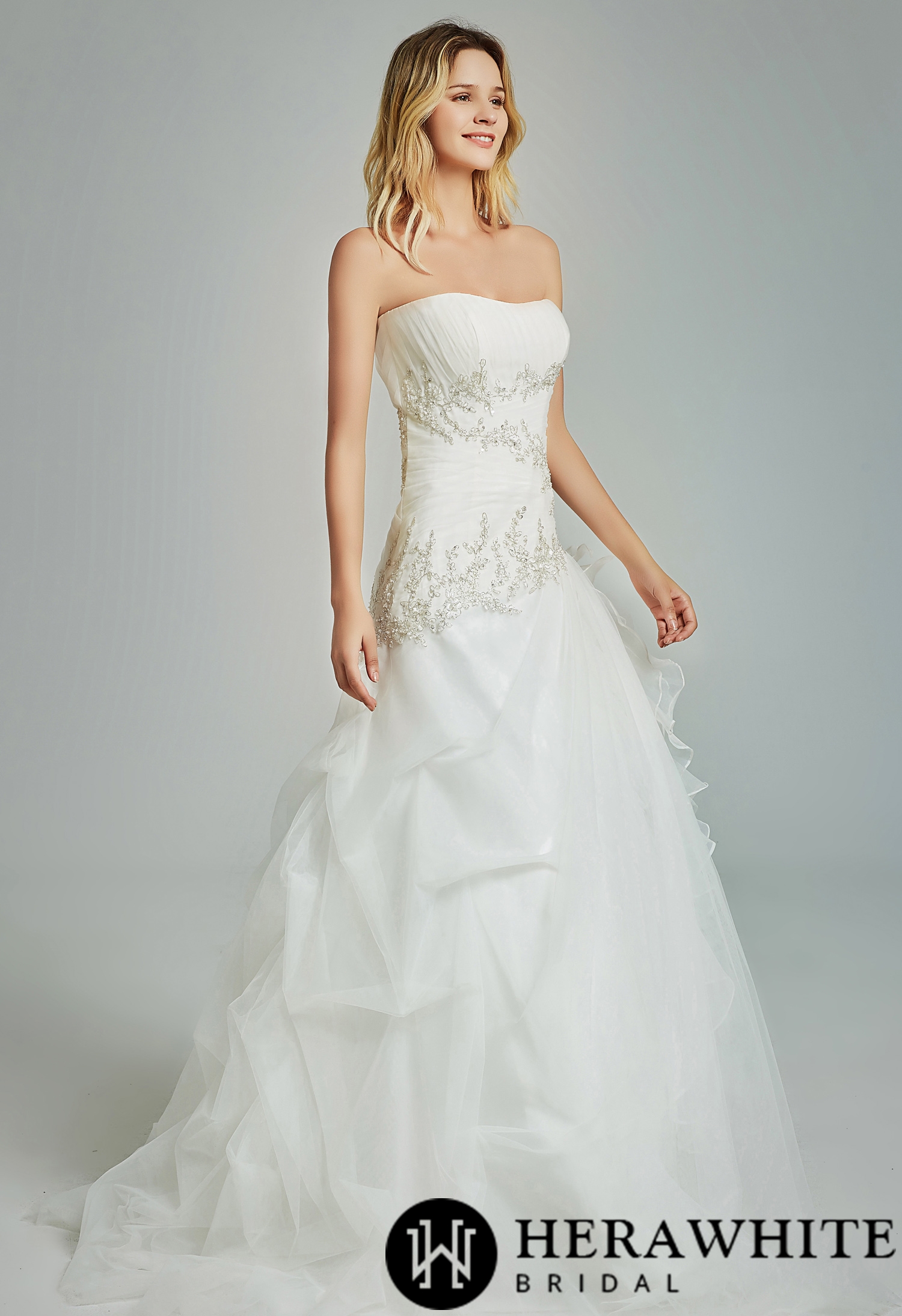 Strapless Pleated Ruffled Wedding Dress