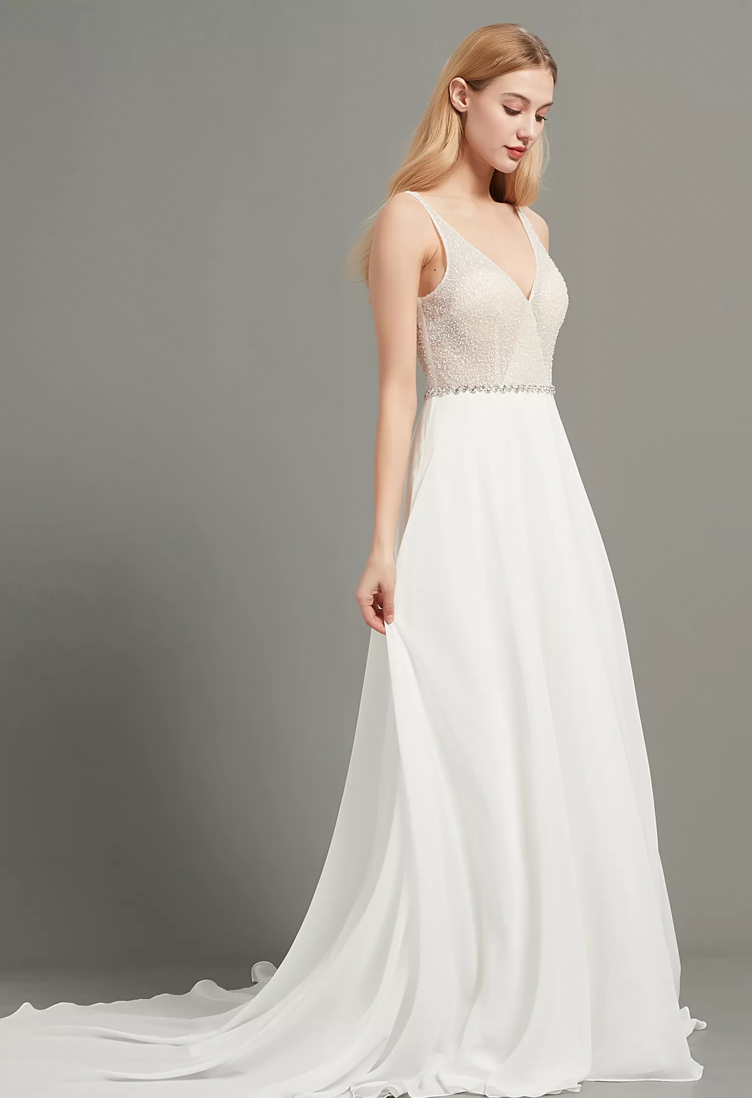 Crystal and beading V Neck Aline Chiffon Wedding Dress