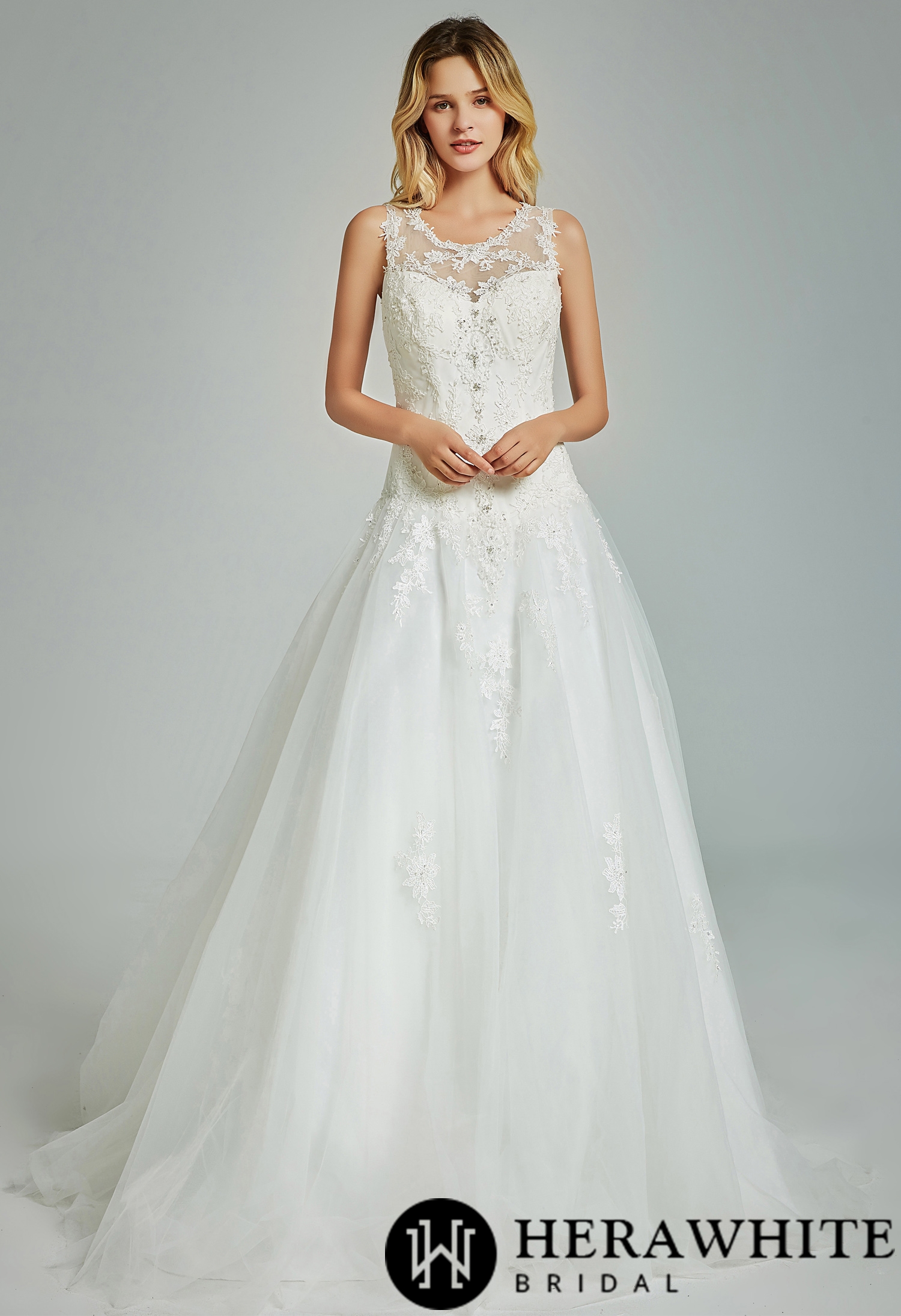 Elegant A-Line Appliques Sheer Back Wedding Dress