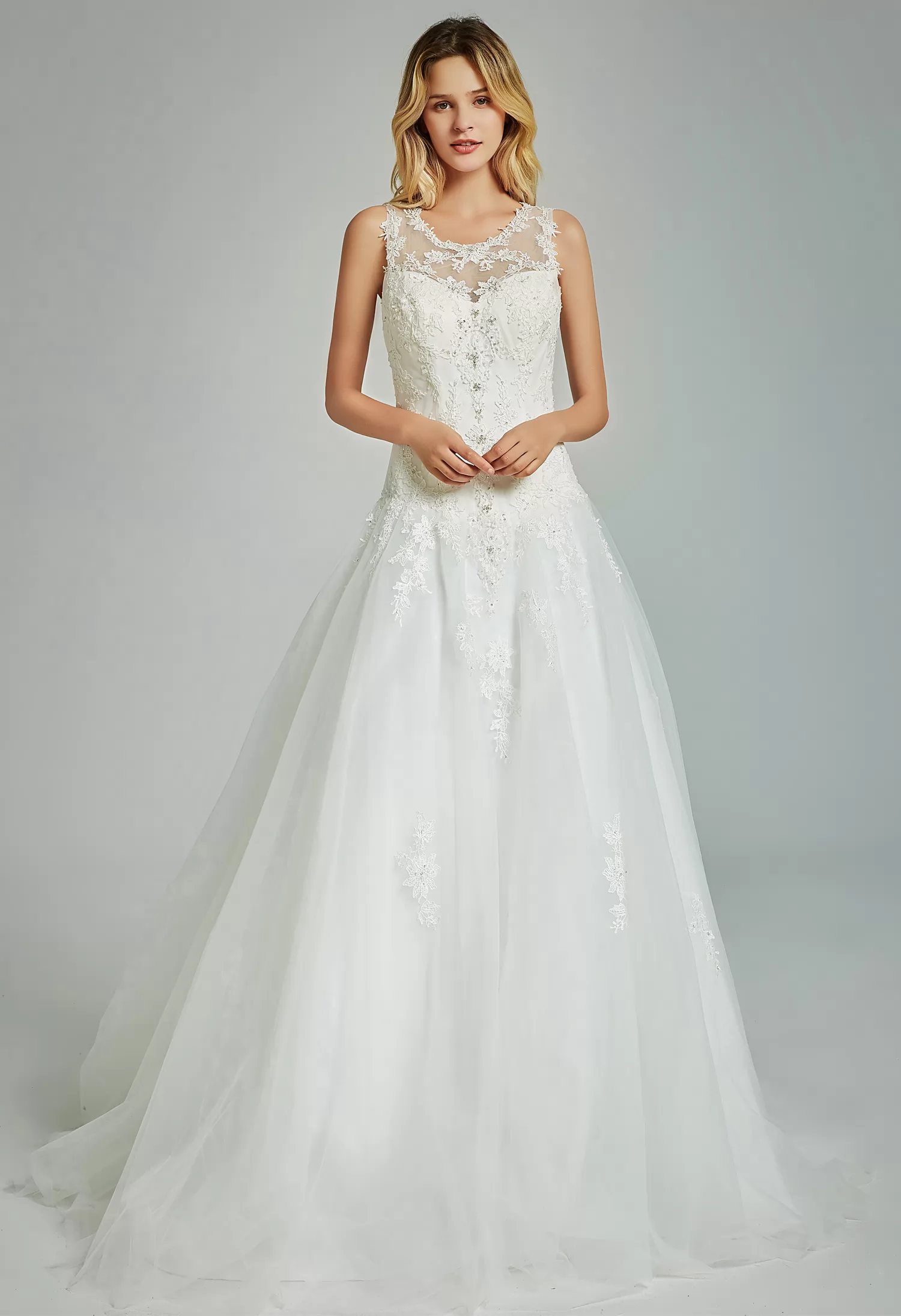 Elegant A-Line Sheer Back Bridal Gown With Appliques