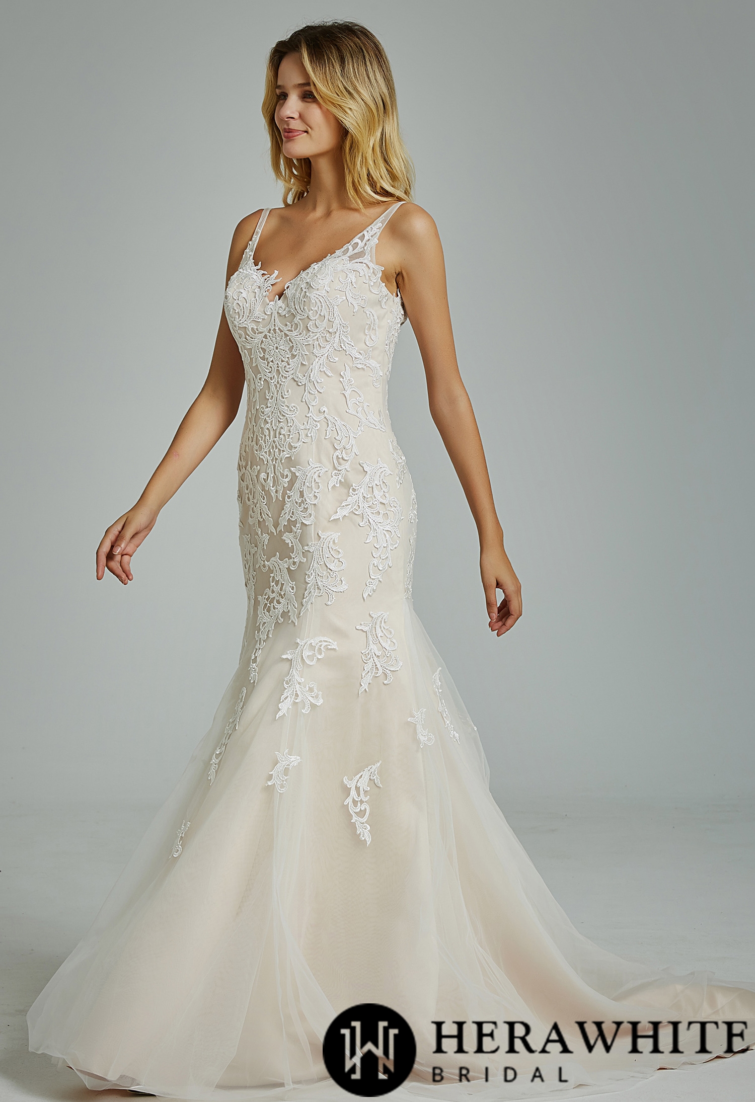 Gorgeous Appliques V Neck Fit And Flare Wedding Dress