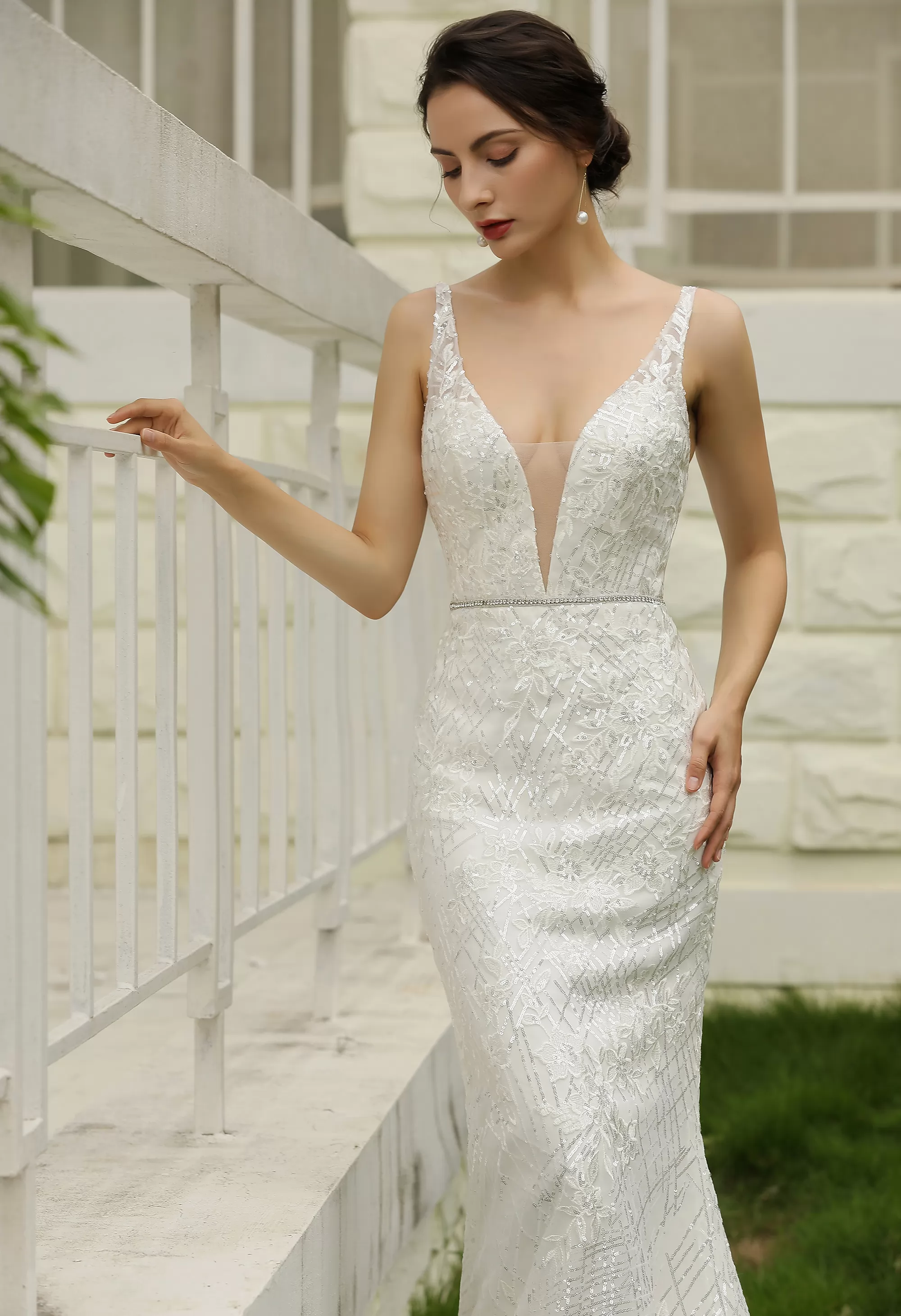 Glittery Fitted Deep V Neckline Wedding Dress Wholesale