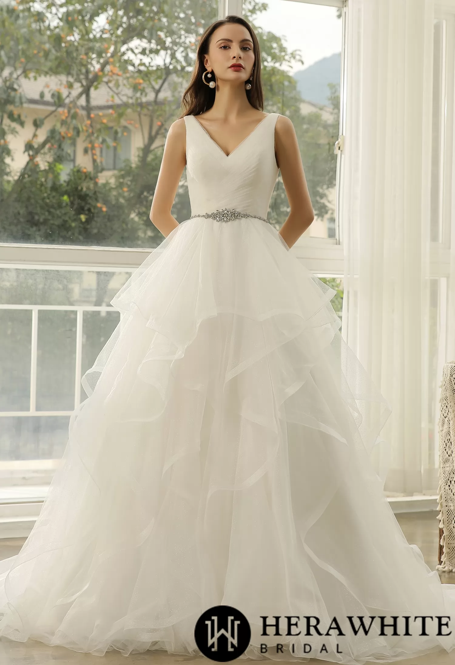 Ruffed Glitter Tulle With Princess Silhouette Wedding Dress