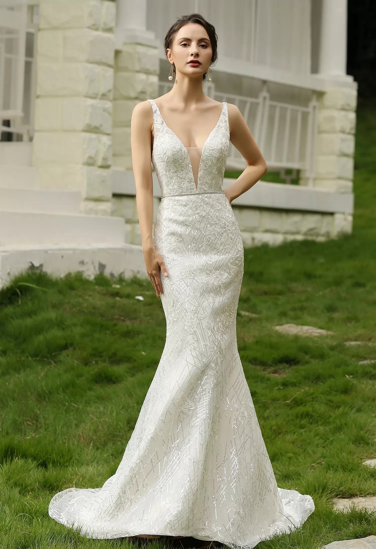 Glittery Fitted Wedding Dress With Deep V Neckline