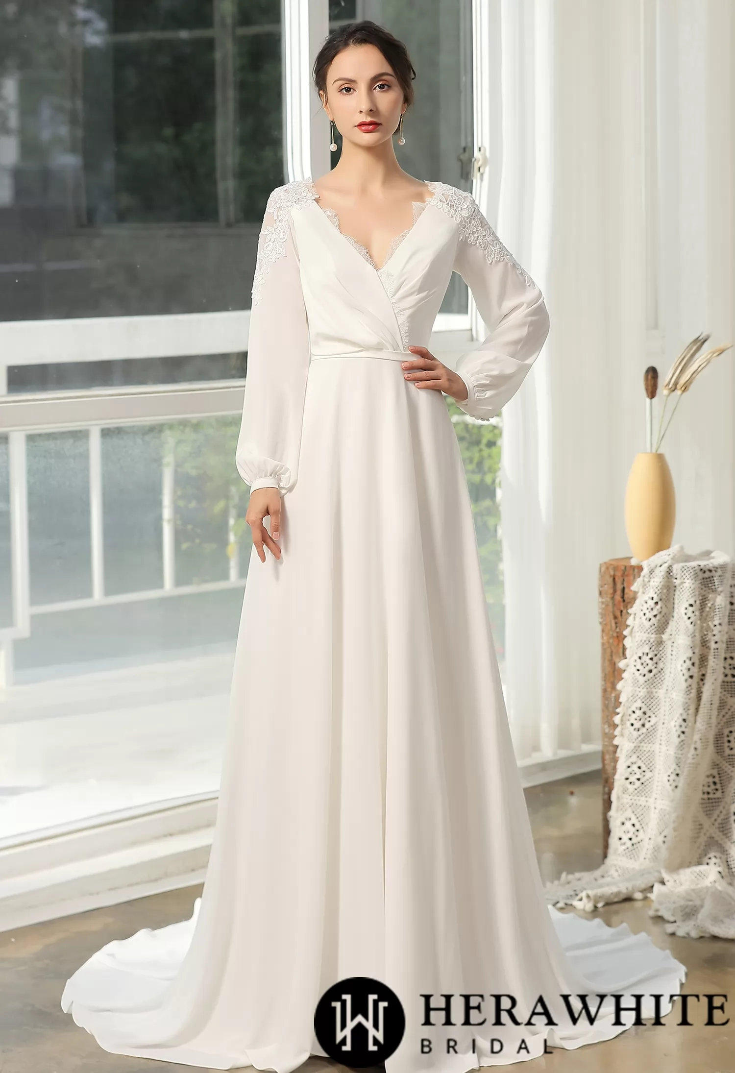 Simply Crossed Neckline And Lace Back Wedding Dress