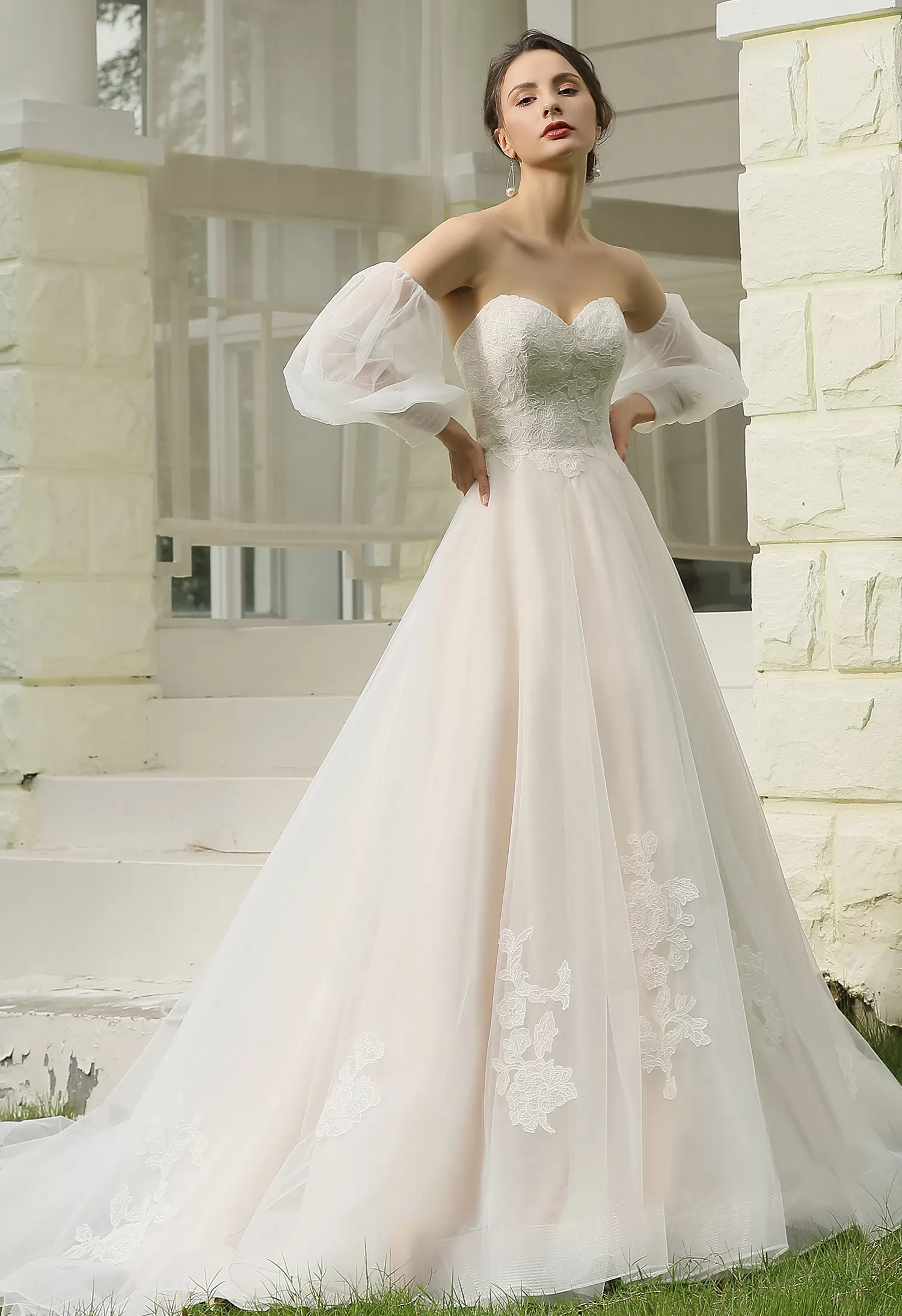 Classic A-Line Strapless Wedding Dress With Detachable Bishop Sleeves