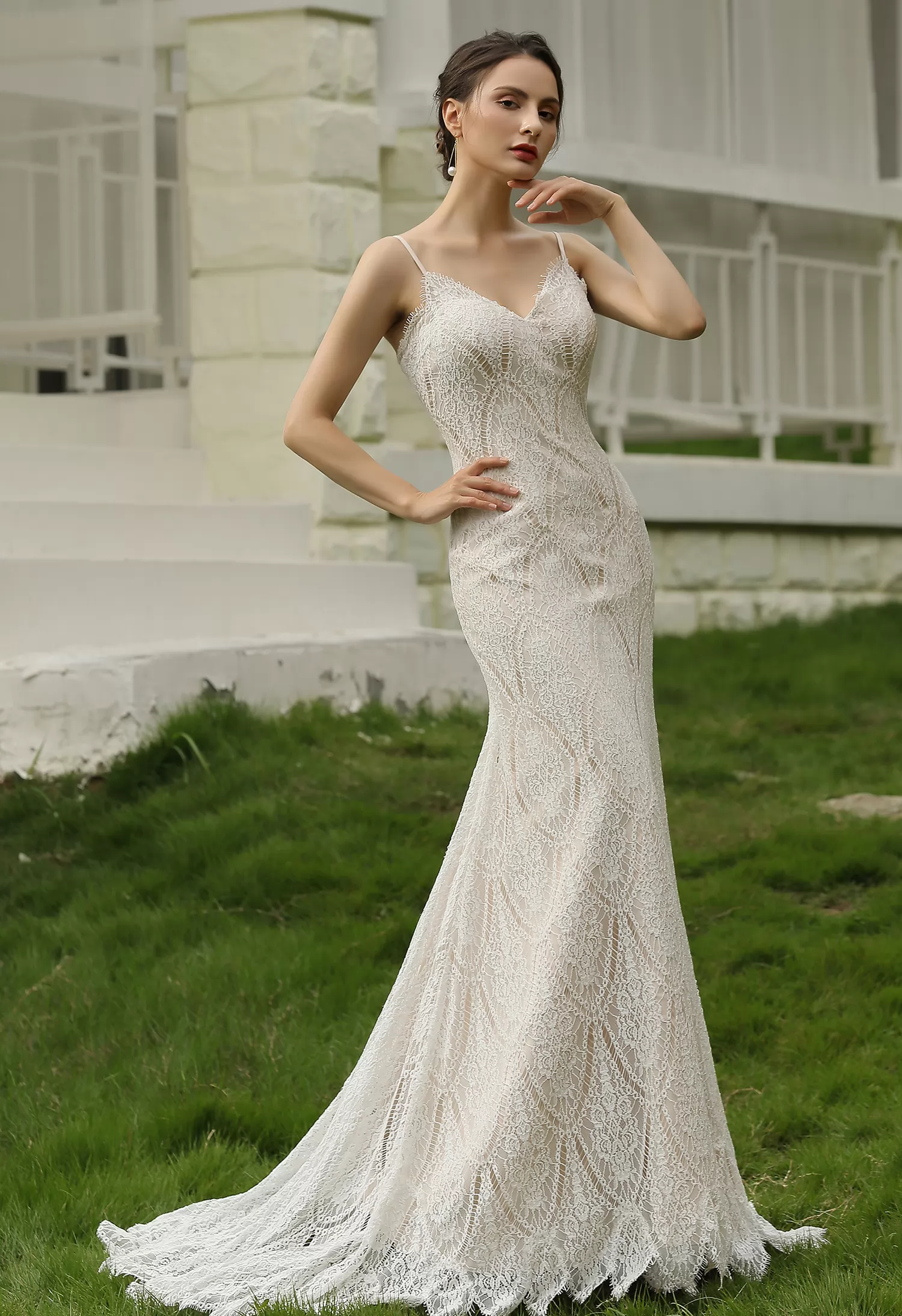 Spaghetti Straps Lace Sheath Wedding Dress