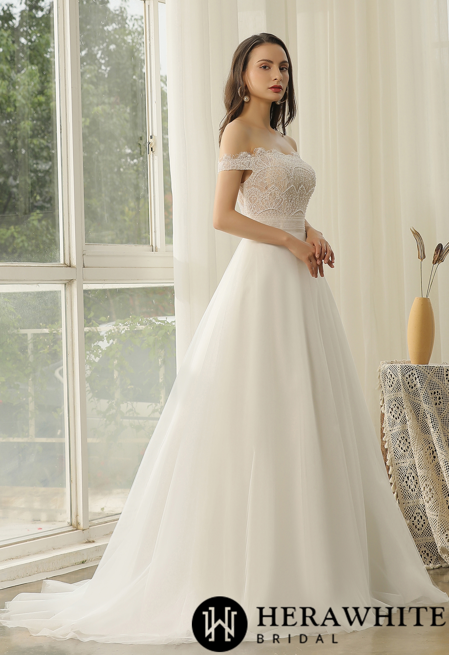 Off-The-Shoulder  Beading Lace Pleating Wholesale Wedding Dress