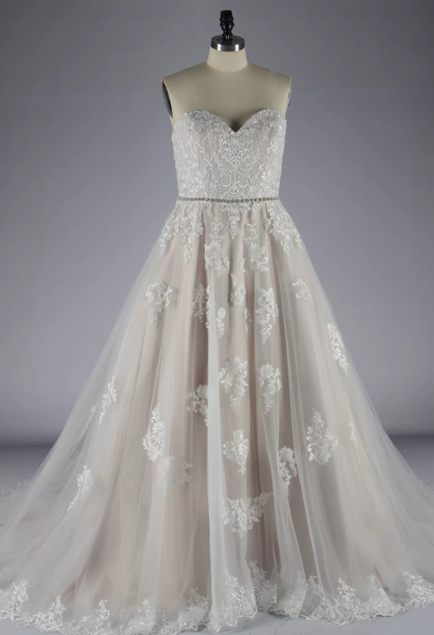 Blush Strapless Ballgown Wedding Dress With Lace Motifs