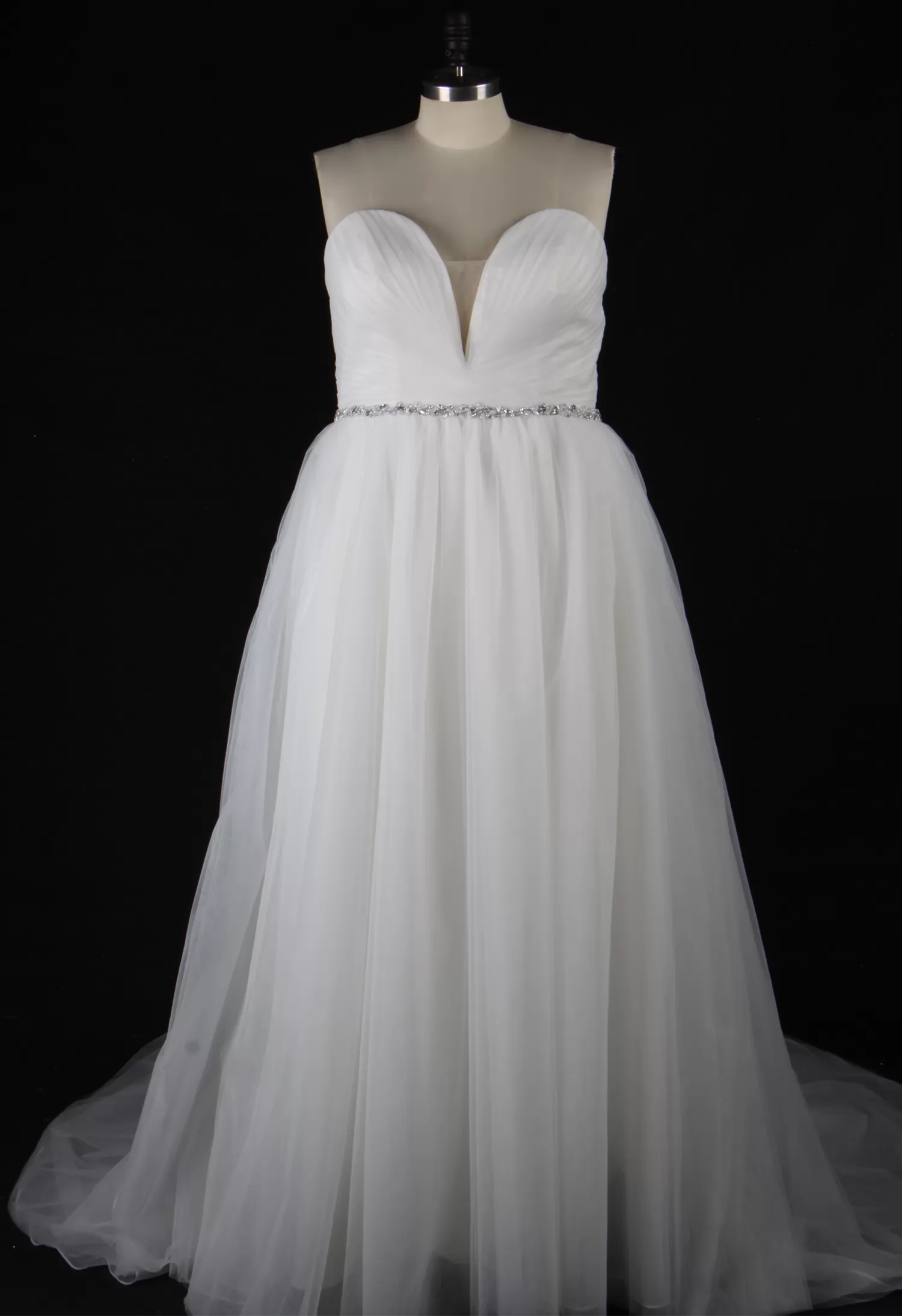 Deep V-Neck Pleated Bodice Tulle A-Line Wedding Dress