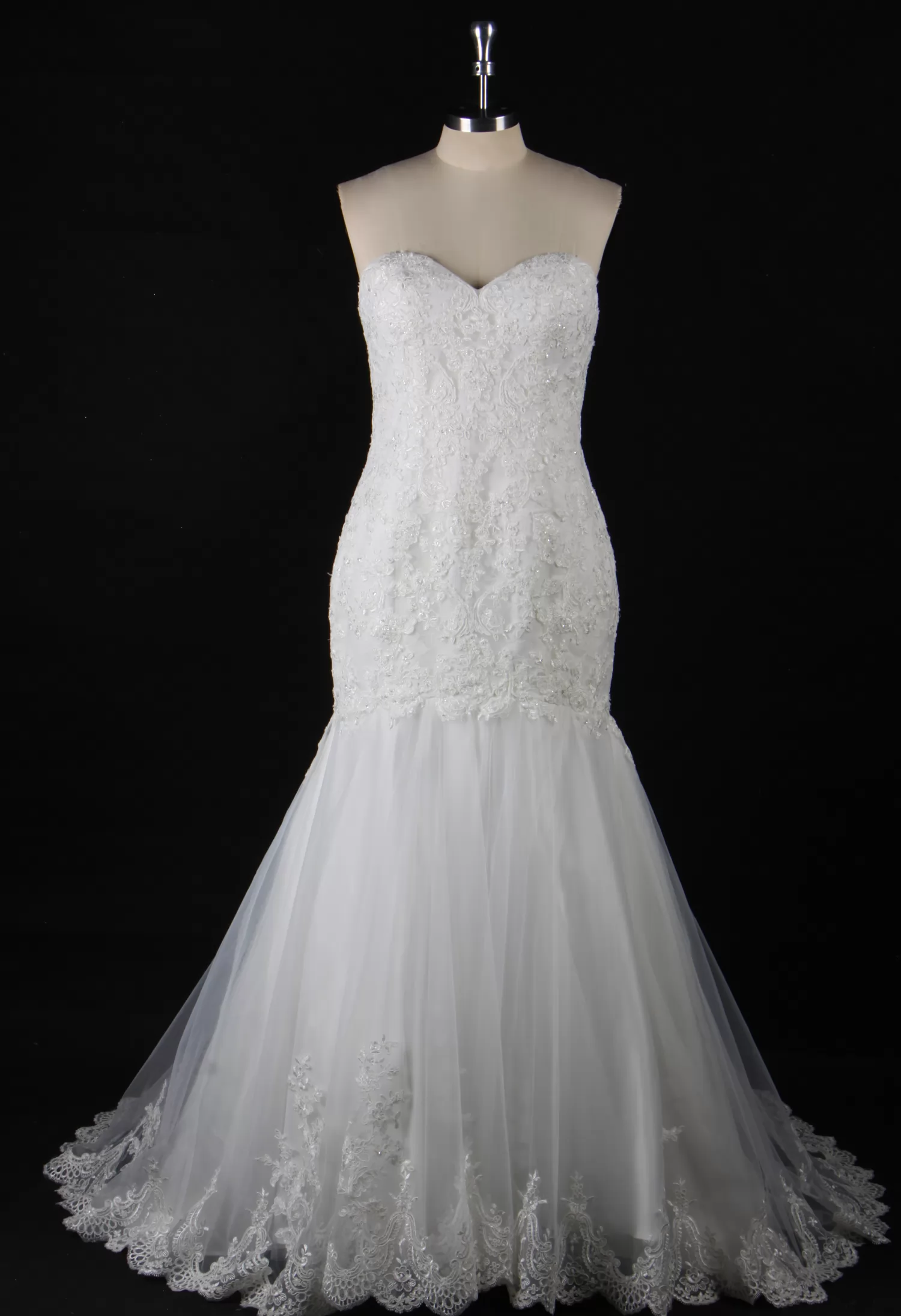 Strapless Embroidered Lace Fit and Flare Wedding Dress