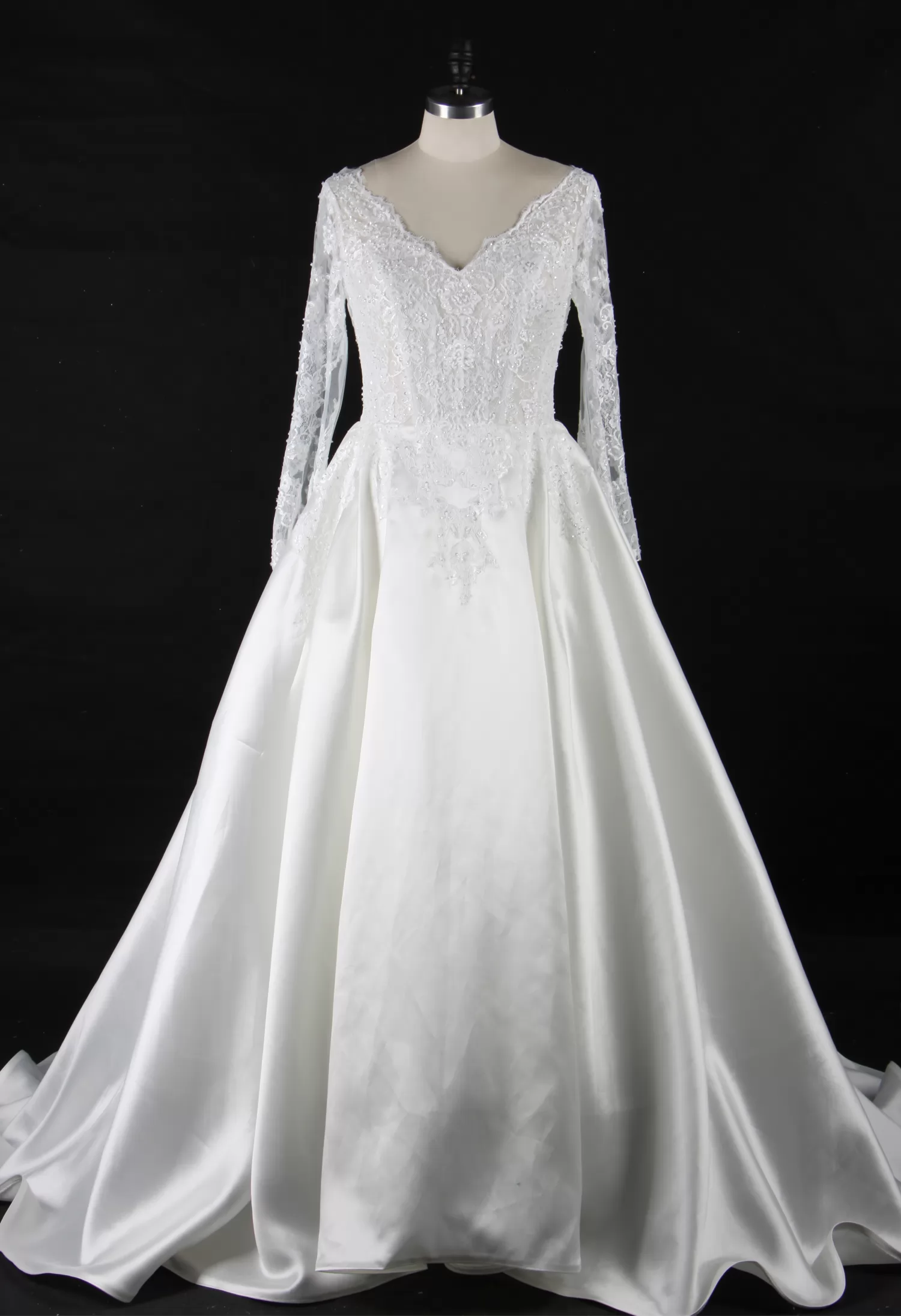 Elegant Long Sleeves Satin Lace Keyhole Back Wedding Dress