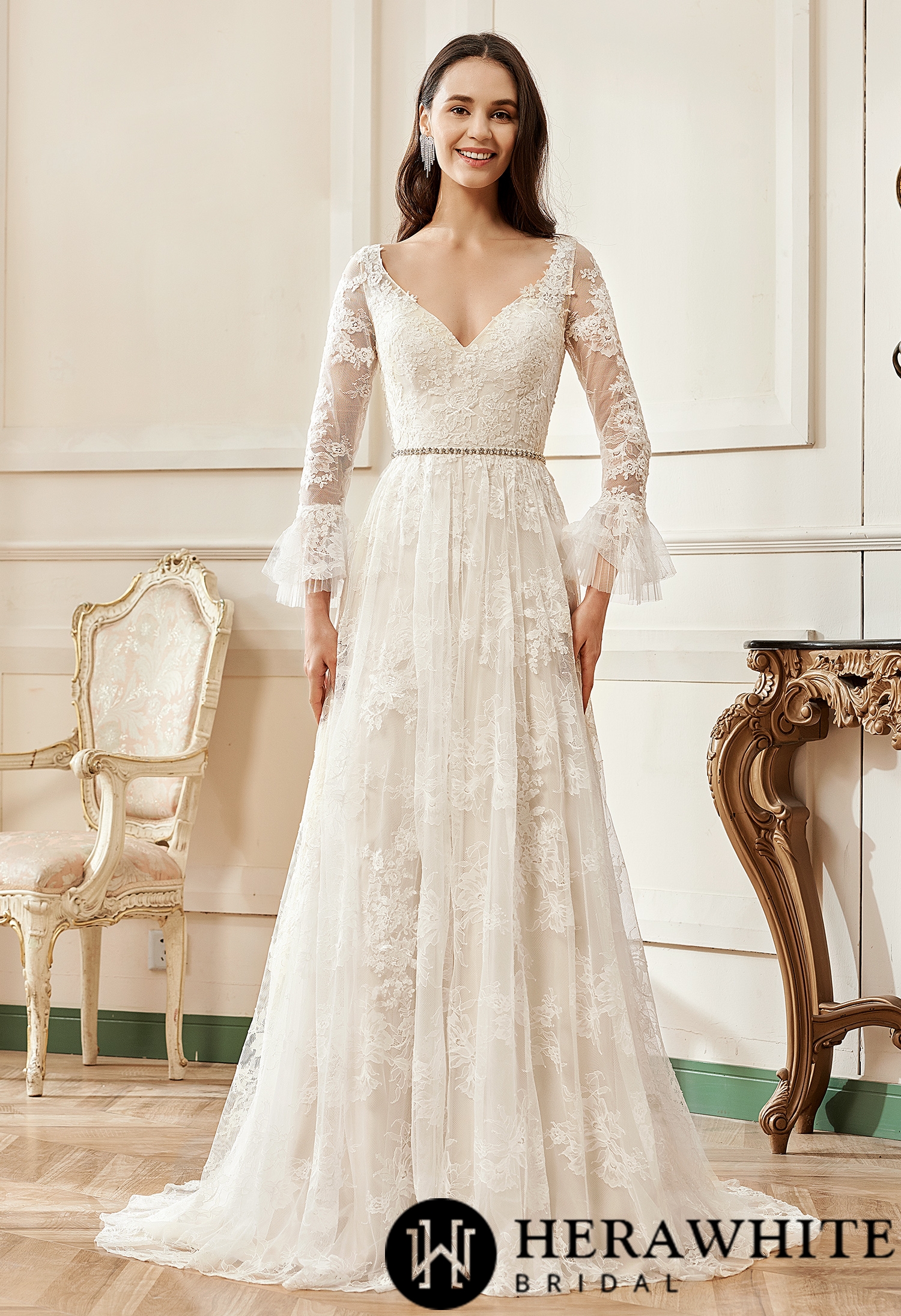 A-Line V-neck Chapel Train Lace Flare Long Sleeve Wedding Dress
