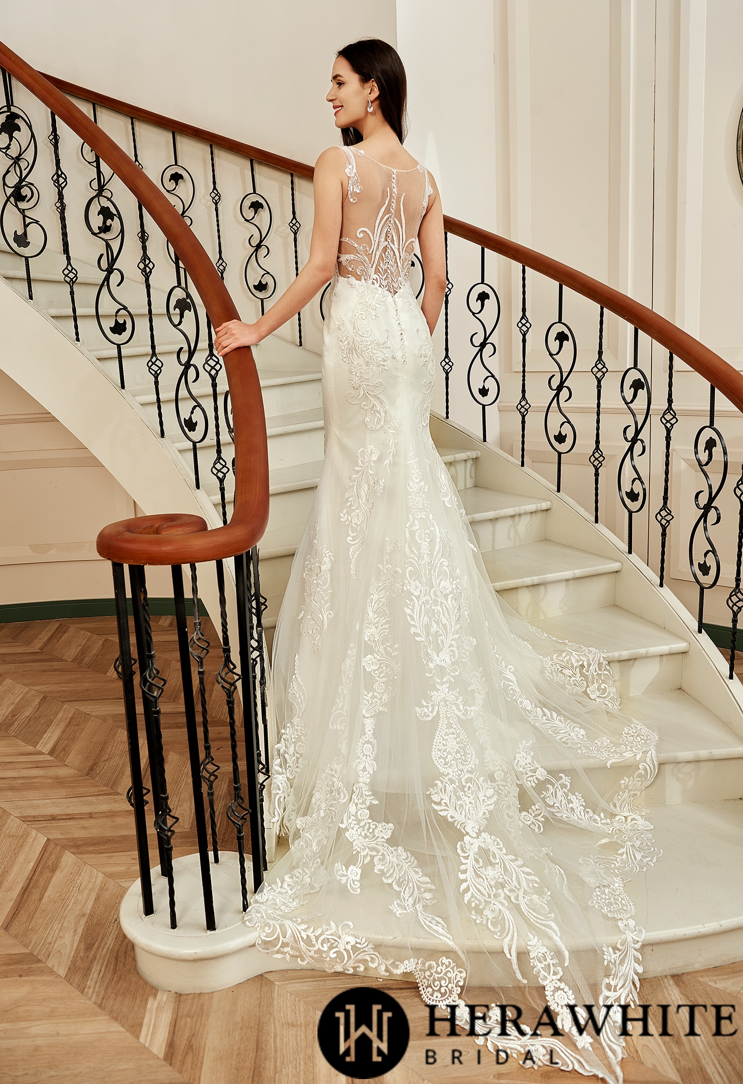 Sequin Beaded Illusion Back Long Lace Tulle Train Wedding Dress