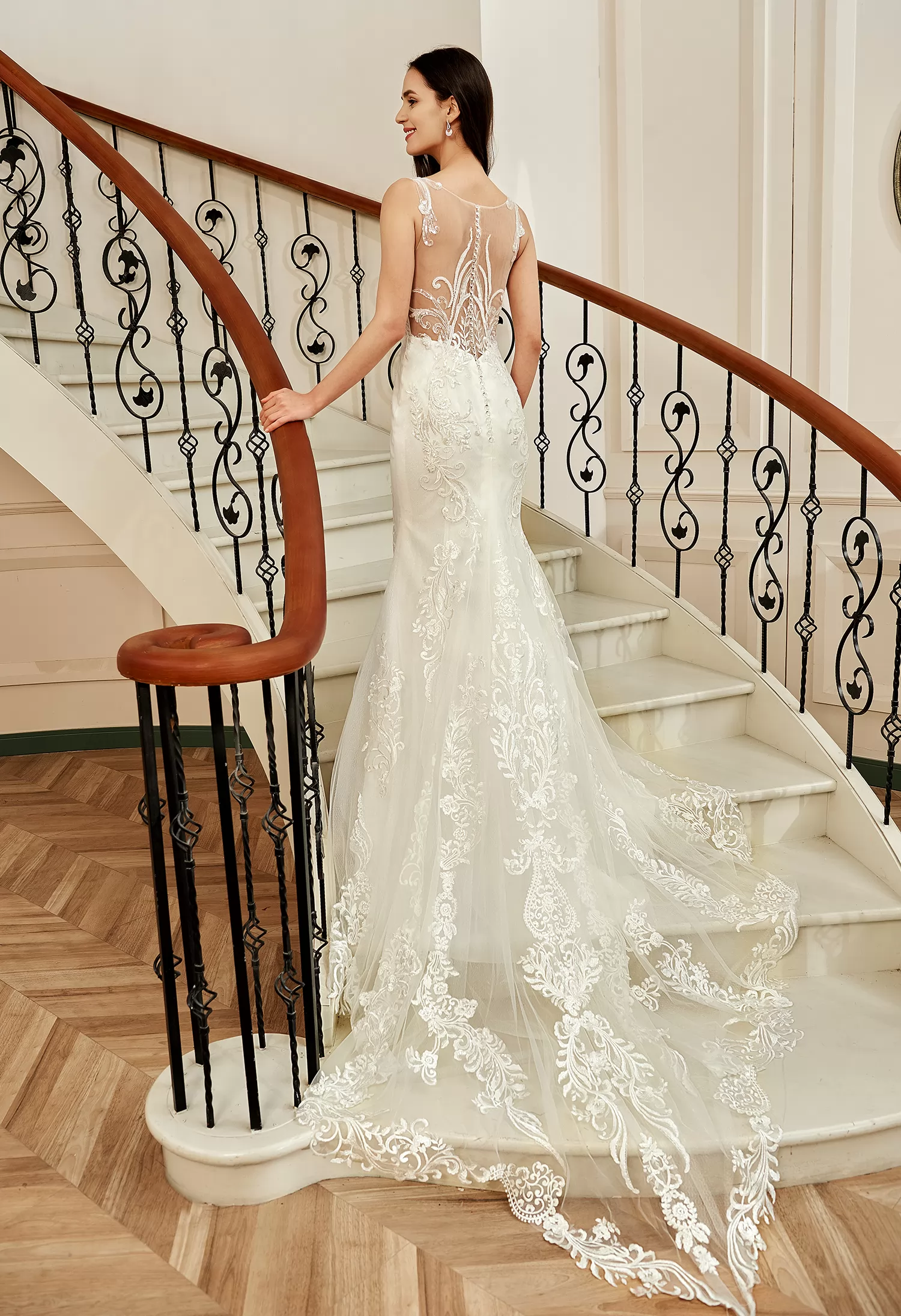 Lace Beaded Bodice Illusion Sleeve Court Train Wedding A-Line