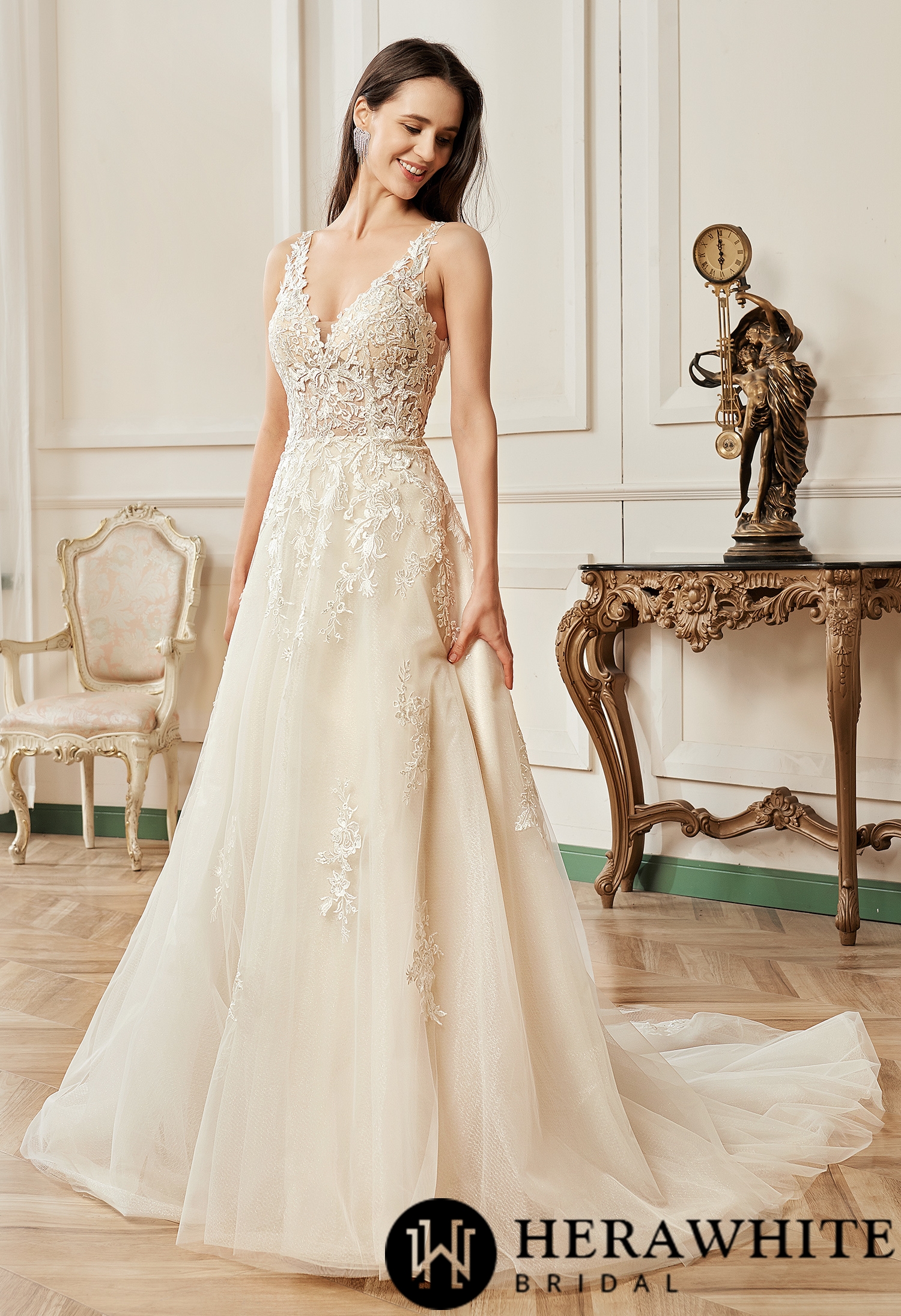 Illusion V-neckline A-Line Lace Straps Wedding Dress
