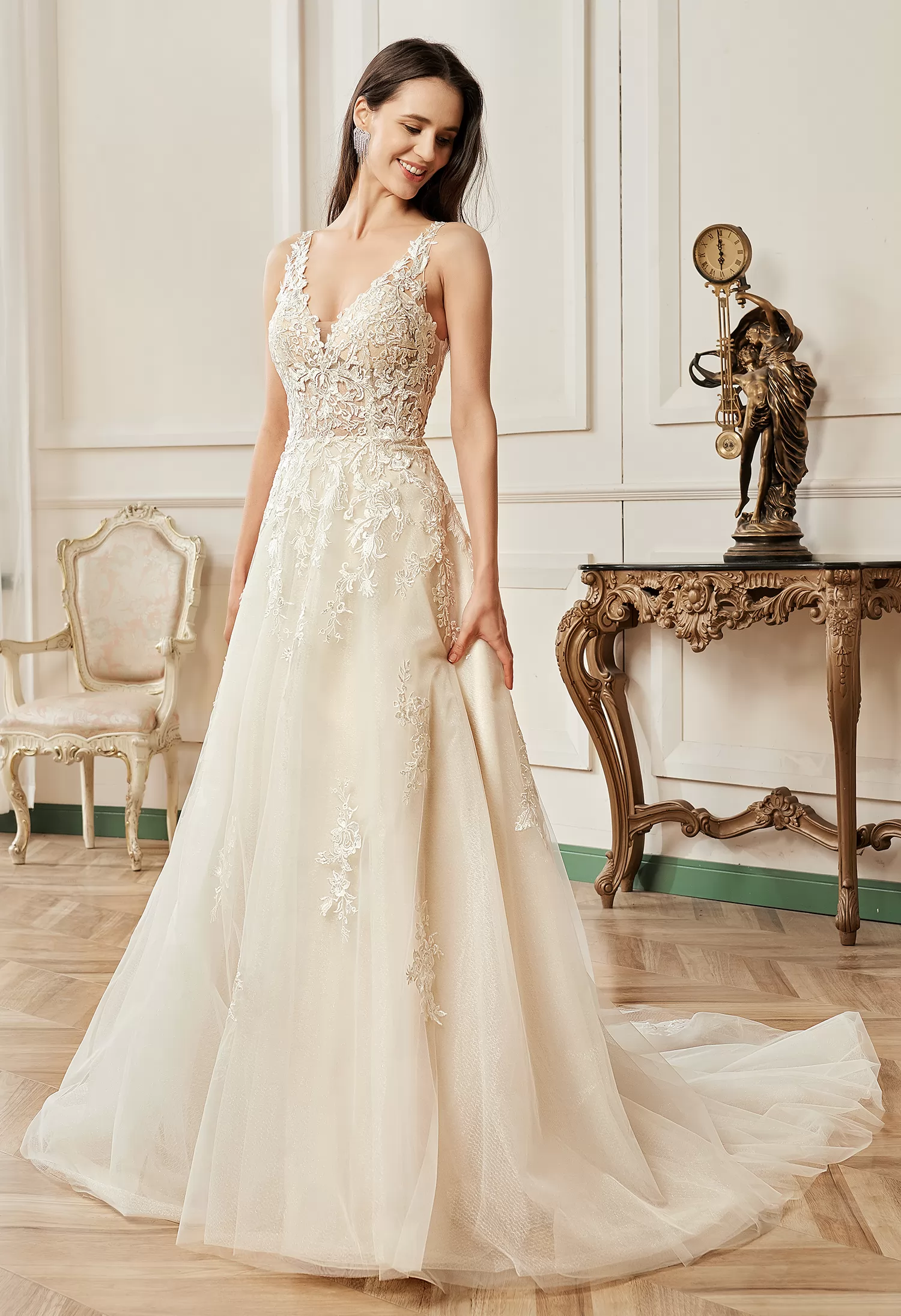 Beaded Straps V-neck Lace Elegant Champagne A-line Wedding Dress