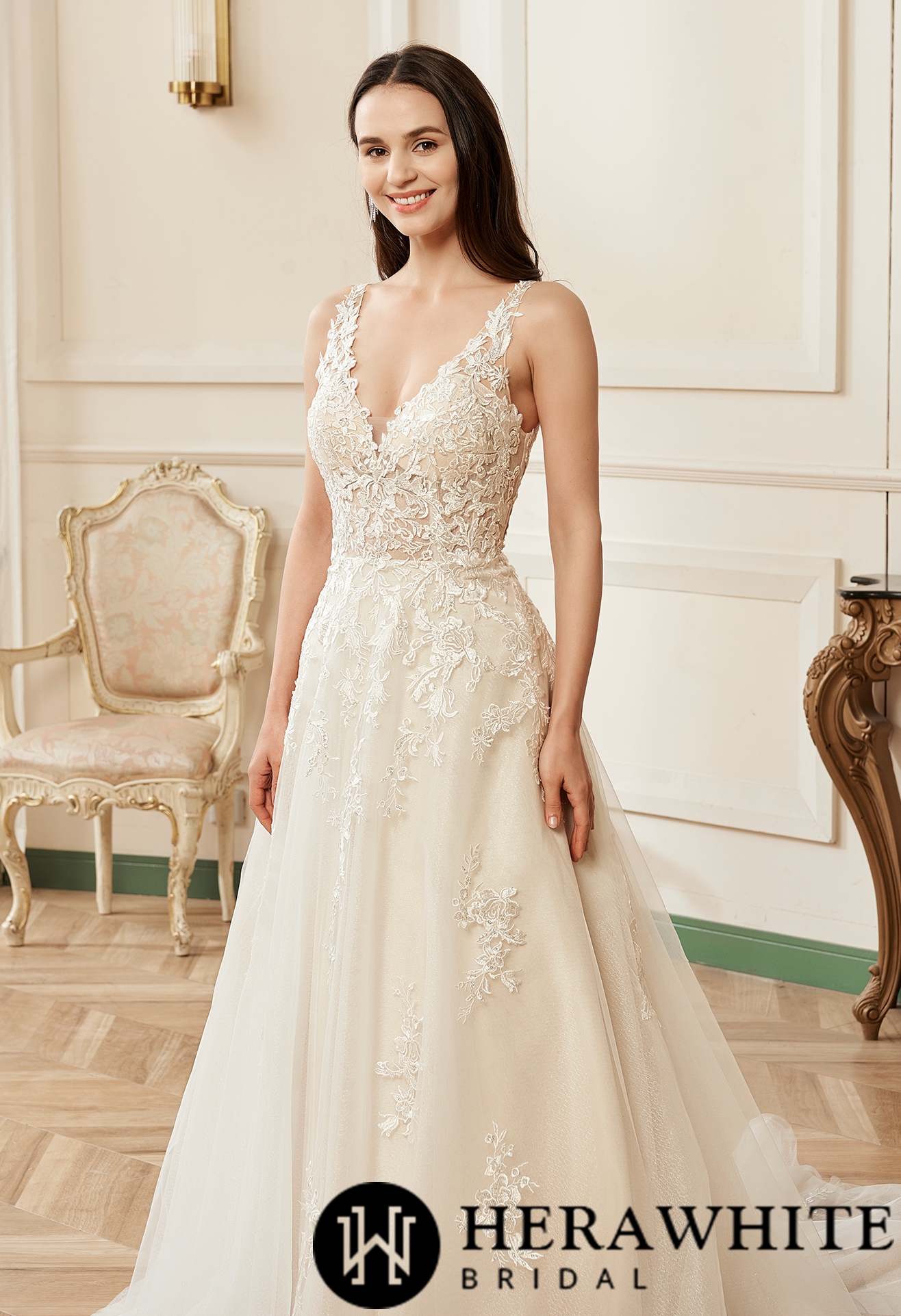 Illusion V-neckline A-Line Lace Straps Wedding Dress