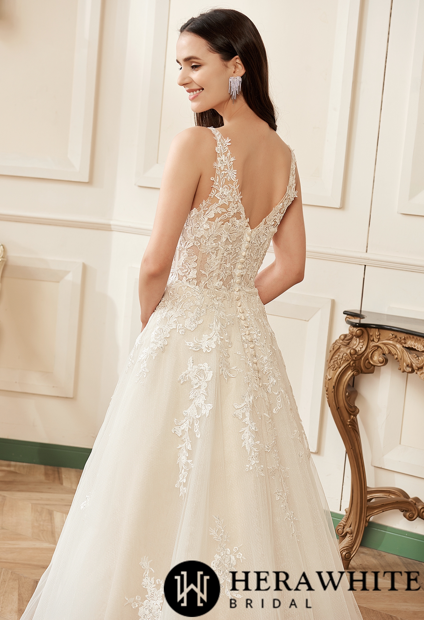 Illusion V-neckline A-Line Lace Straps Wedding Dress