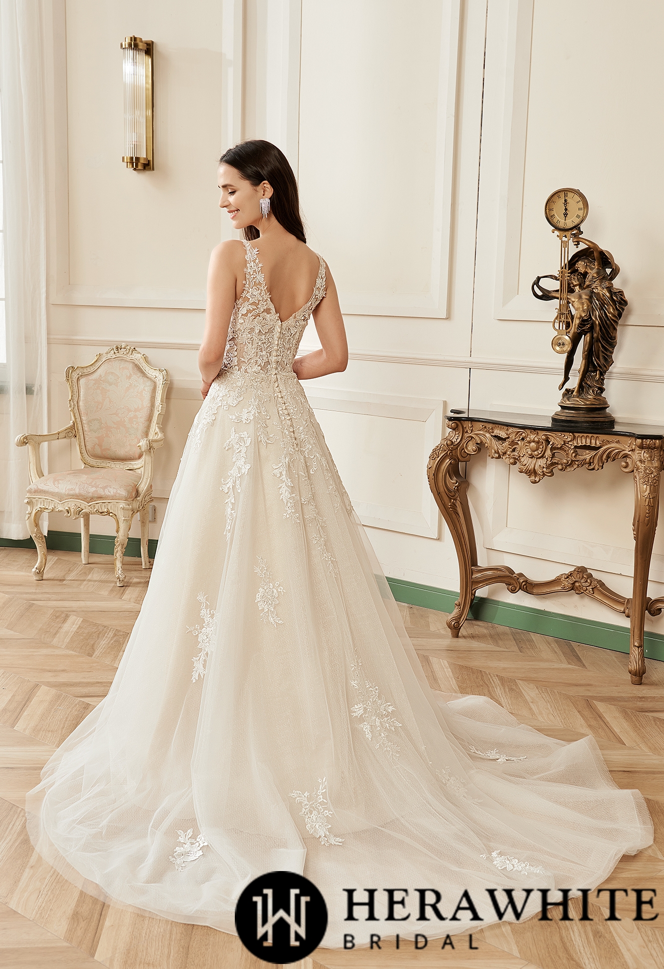 Illusion V-neckline A-Line Lace Straps Wedding Dress