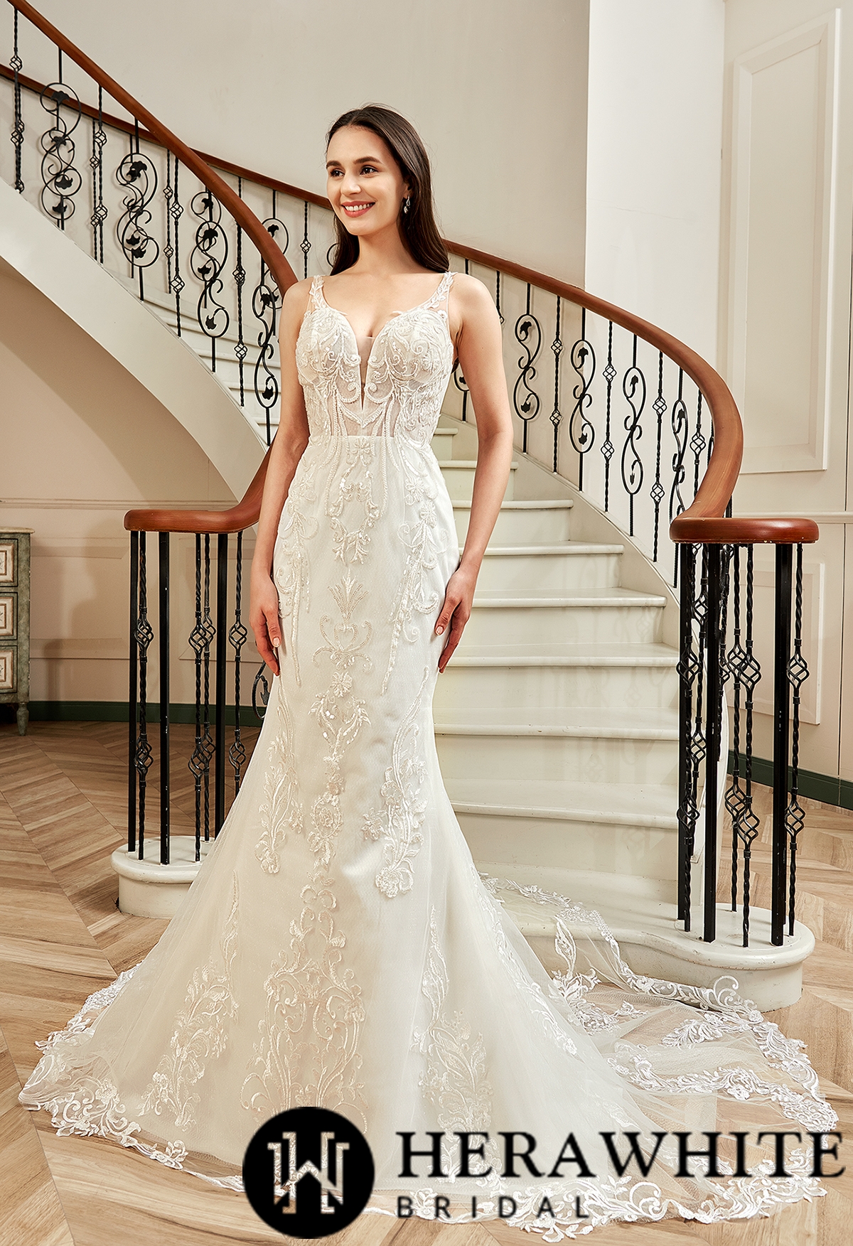 Sequin Beaded Illusion Back Long Lace Tulle Train Wedding Dress