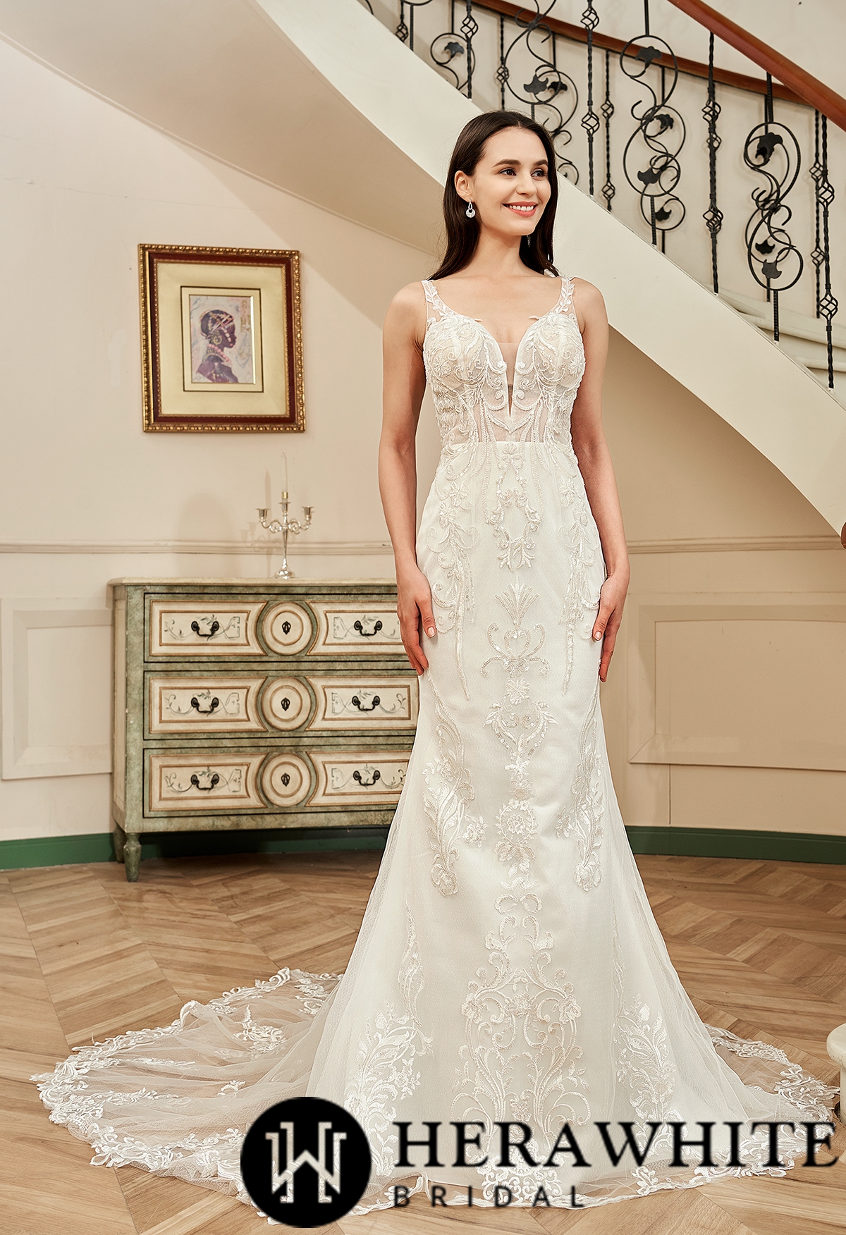 Sequin Beaded Illusion Back Long Lace Tulle Train Wedding Dress