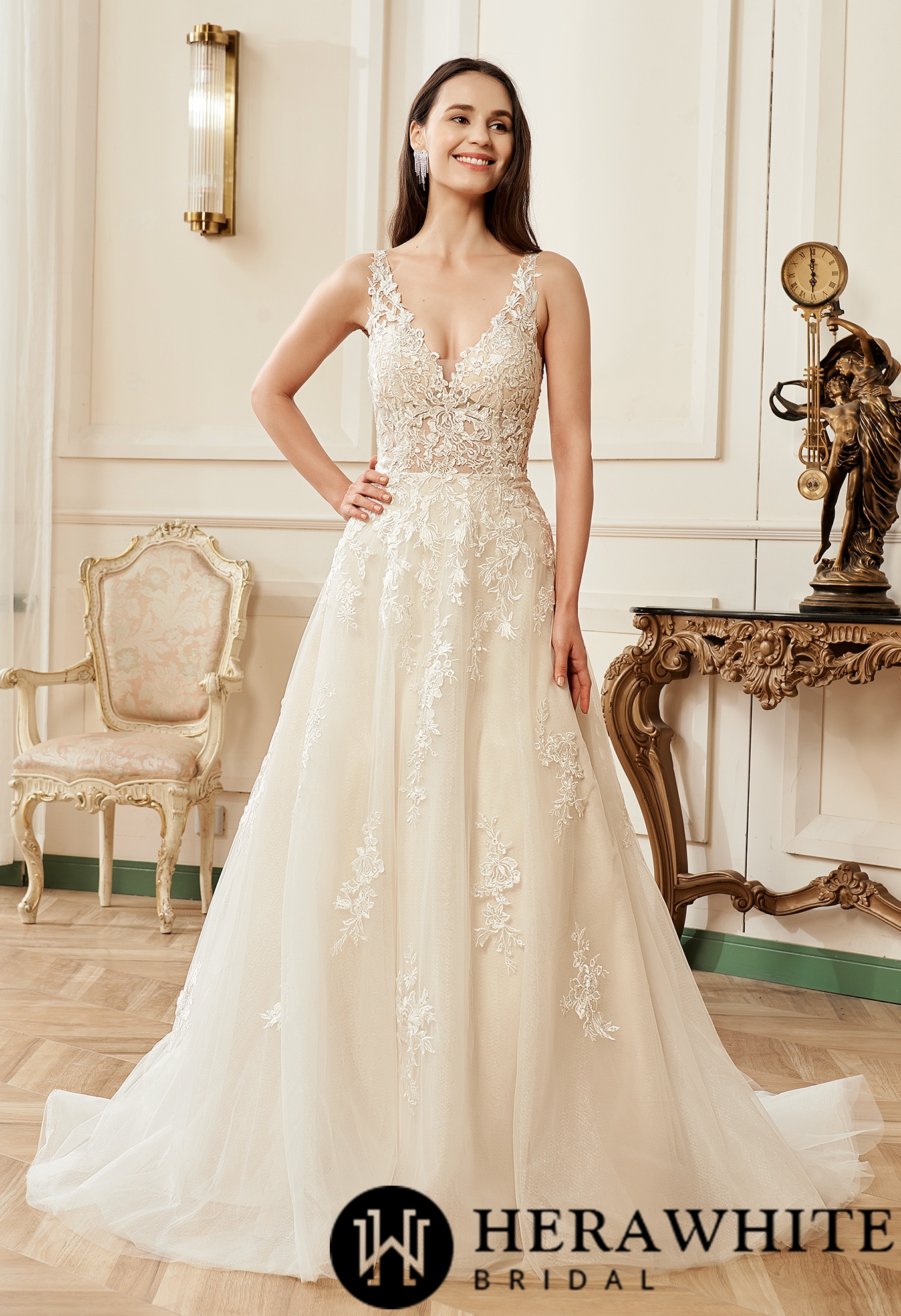 Illusion V-neckline A-Line Lace Straps Wedding Dress