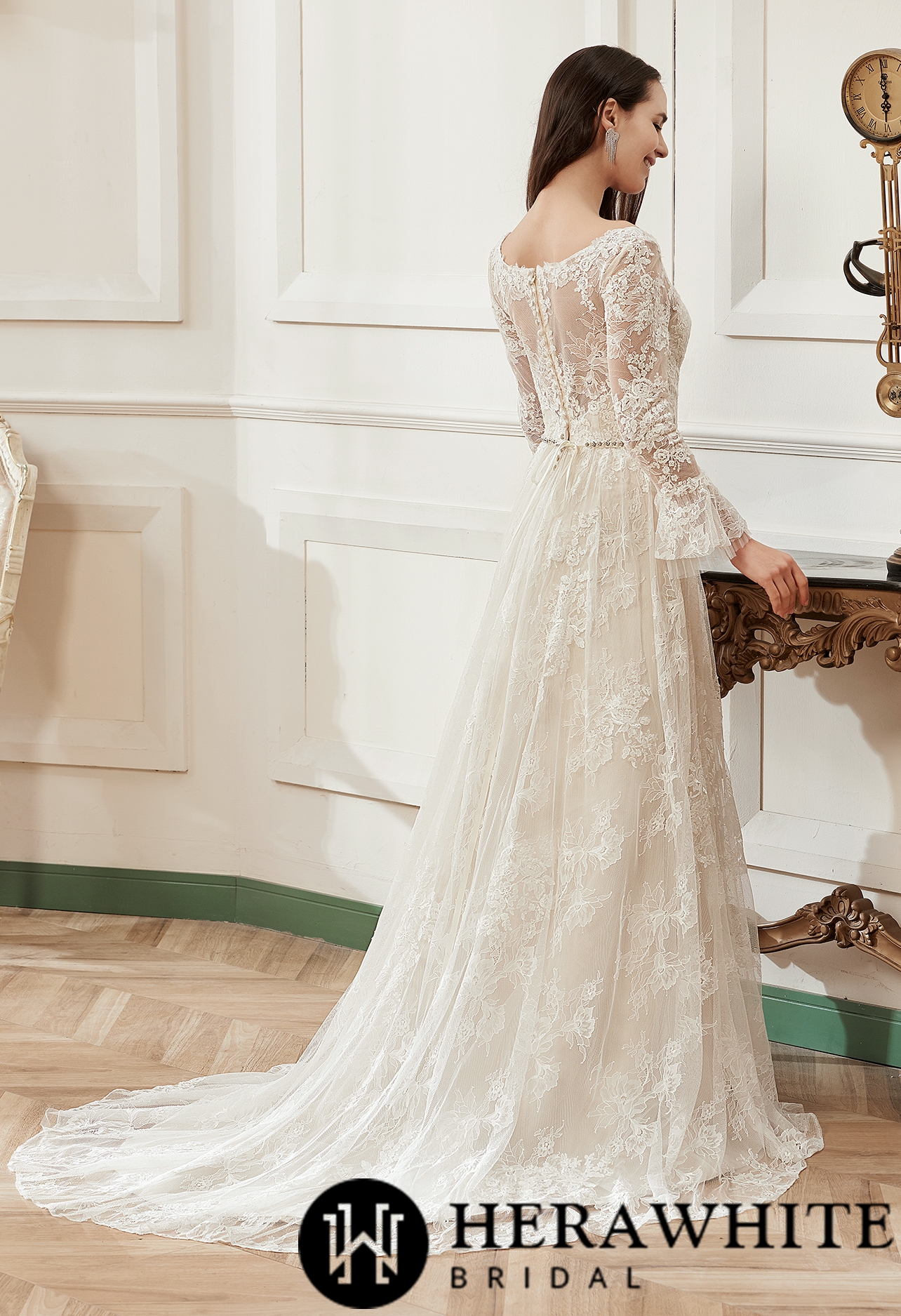 A-Line V-neck Chapel Train Lace Flare Long Sleeve Wedding Dress