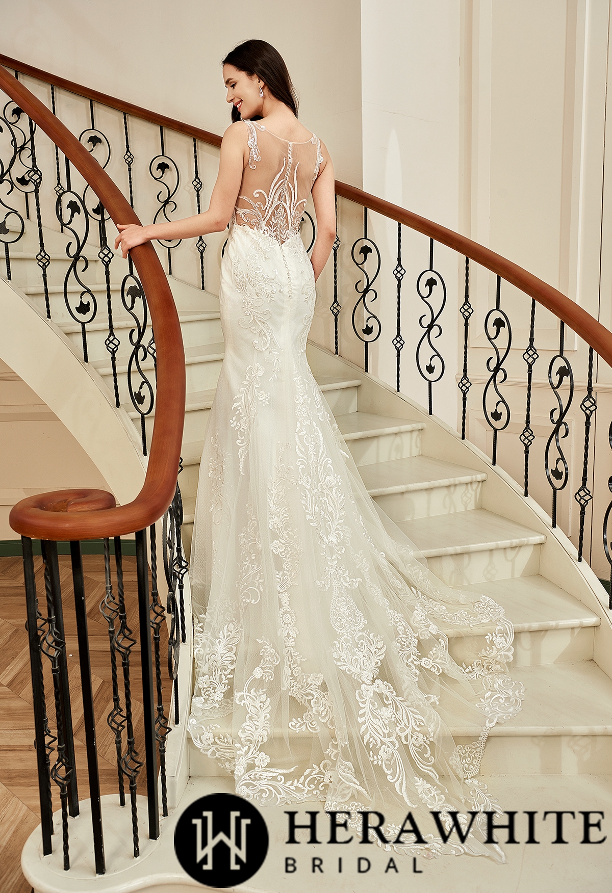 Sequin Beaded Illusion Back Long Lace Tulle Train Wedding Dress