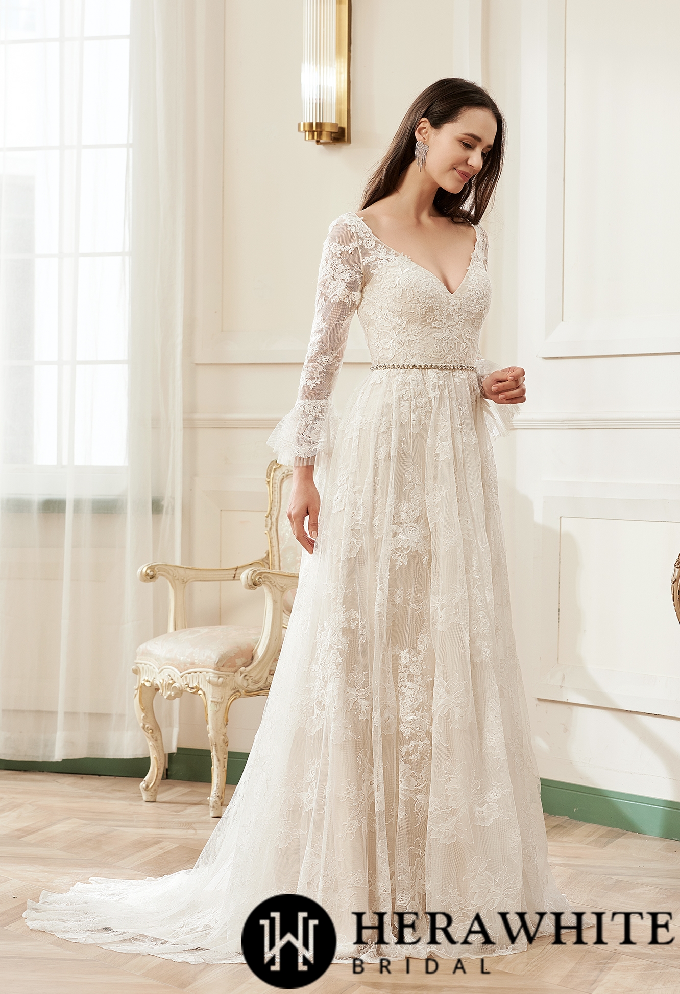 A-Line V-neck Chapel Train Lace Flare Long Sleeve Wedding Dress