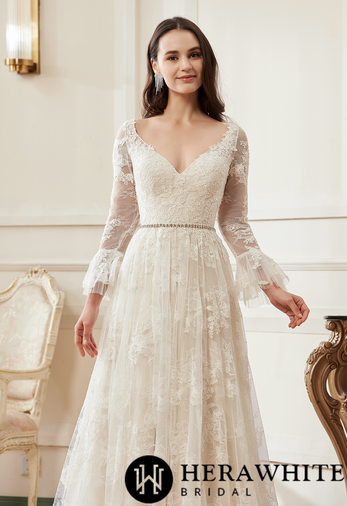 A-Line V-neck Chapel Train Lace Flare Long Sleeve Wedding Dress