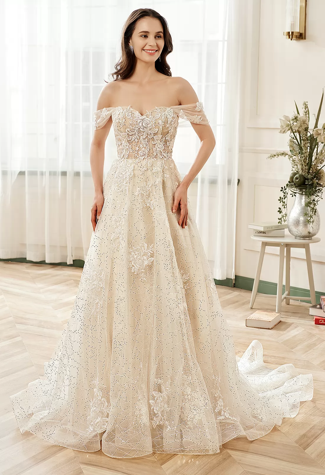 Floral Lace Sweetheart Sequin Tulle Wedding Dress With Detachable