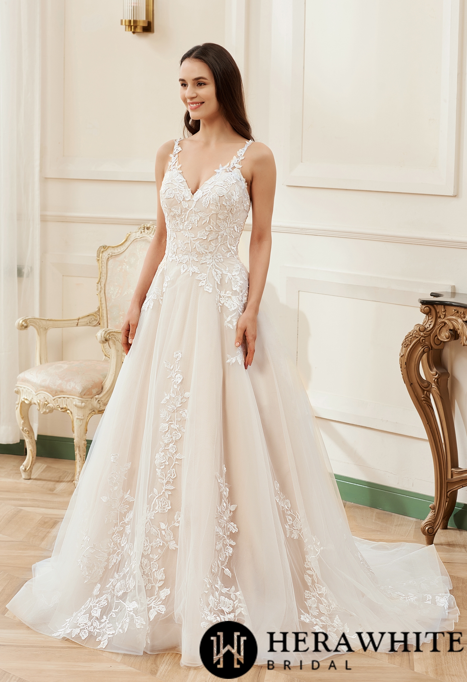 Pink Nude A-Line Floral Details With Illusion Straps Wedding Dress