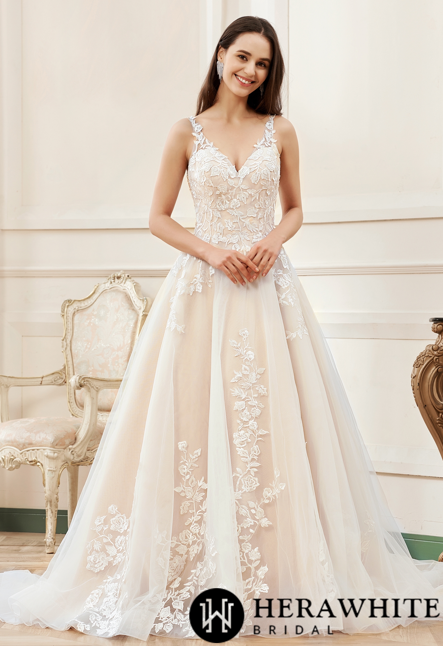 Pink Nude A-Line Floral Details With Illusion Straps Wedding Dress