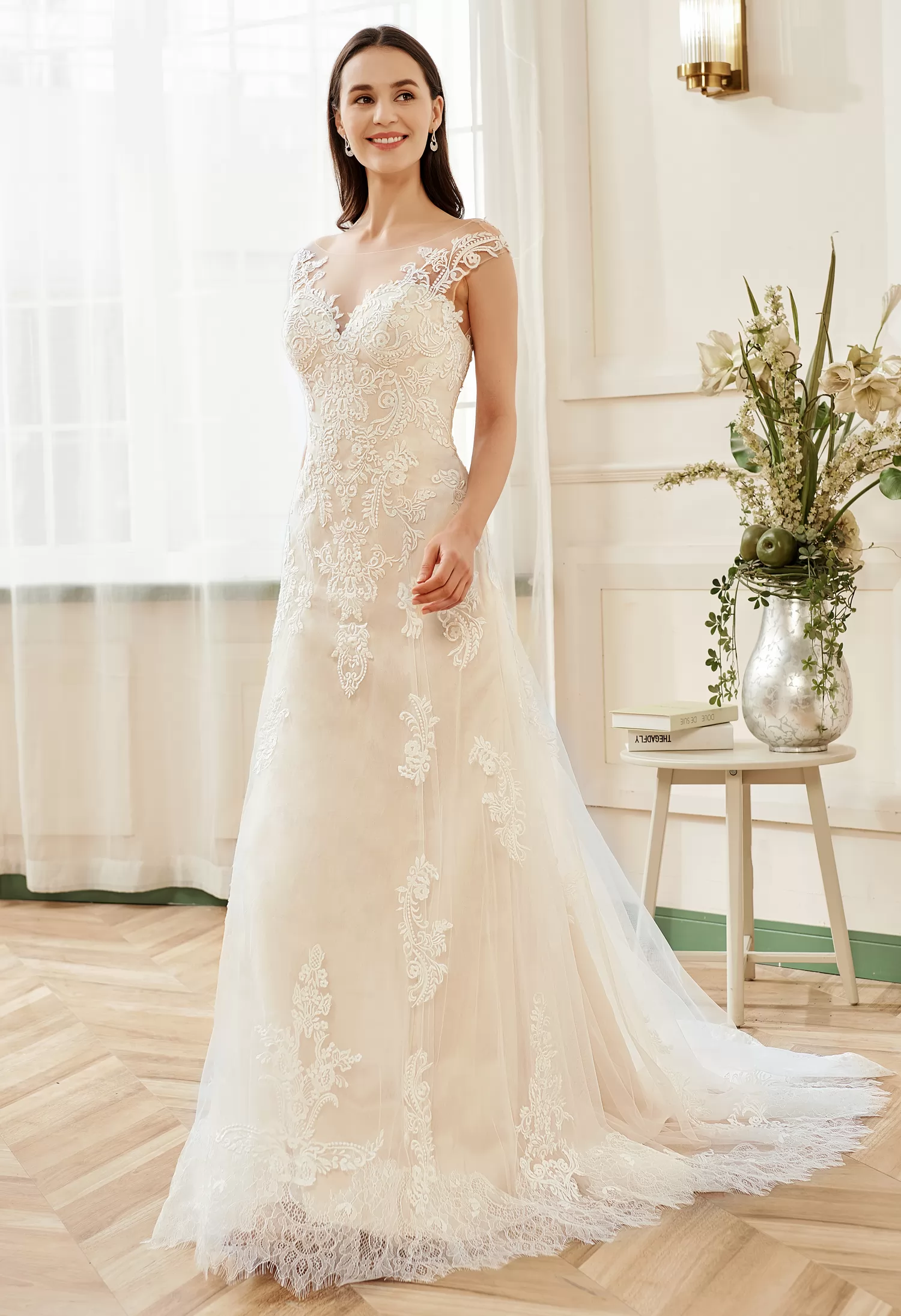 Stunning Illusion Lace Bateau Neckline With Cap Sleeve Wedding Gown