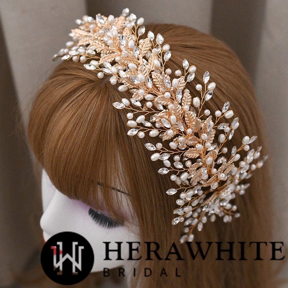 Gold Alloy Rhinestone Pearl Bridal Hair Hoop Headpieces