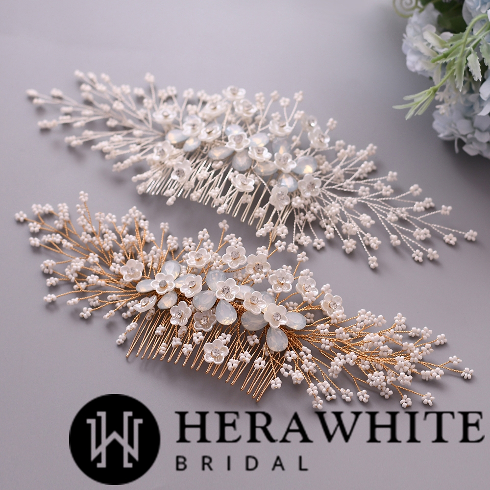 Luxury Opal Floral Bead and Crystals Comb