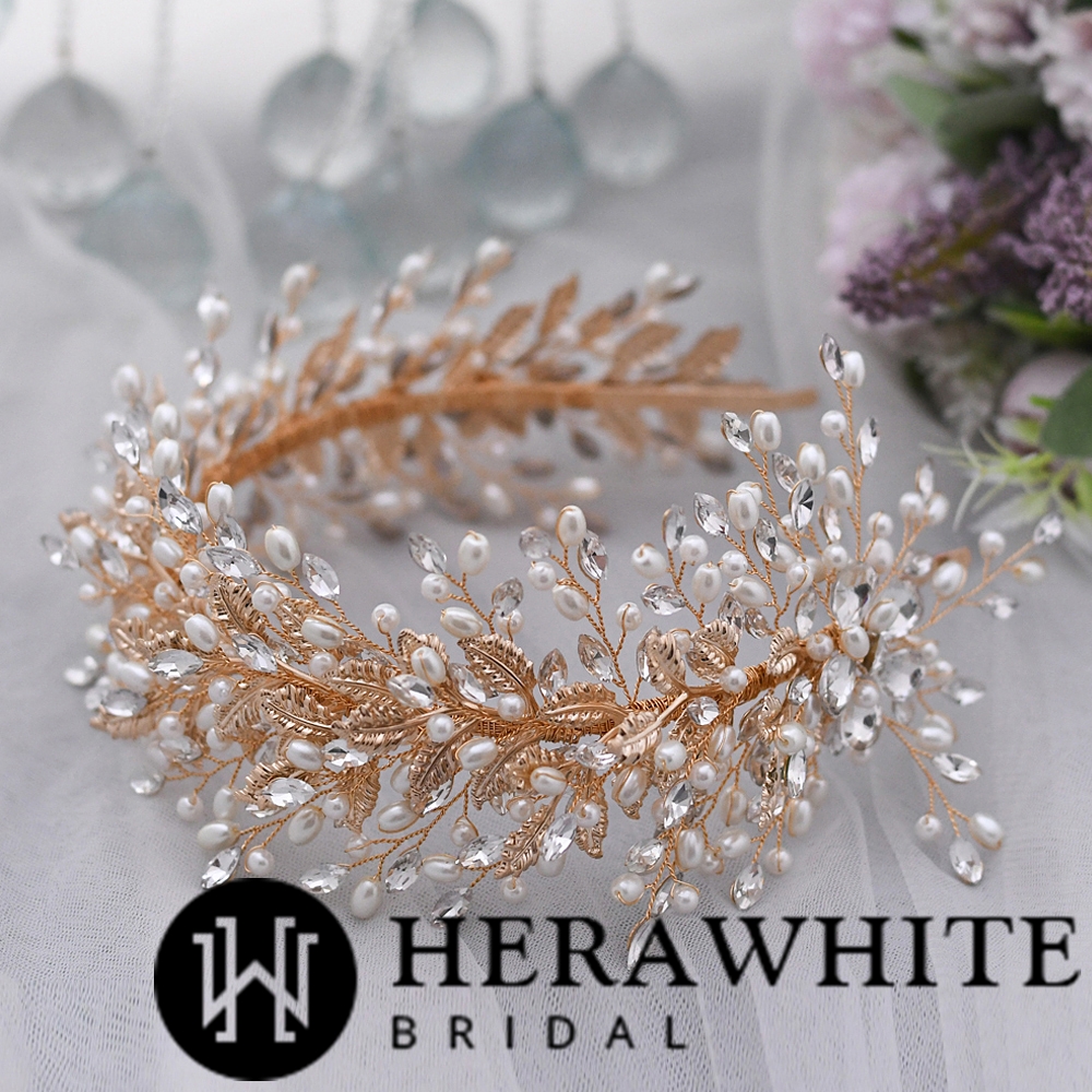 Gold Alloy Rhinestone Pearl Bridal Hair Hoop Headpieces