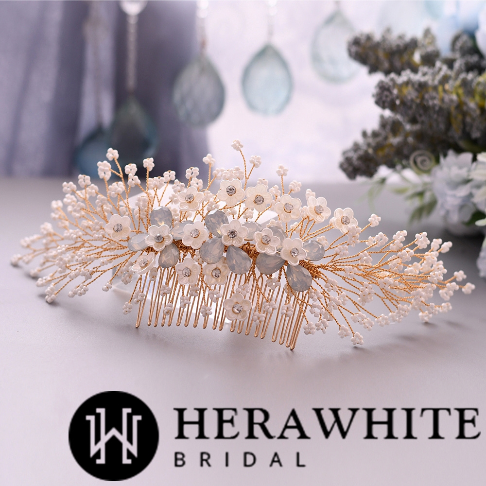 Luxury Opal Floral Bead and Crystals Comb