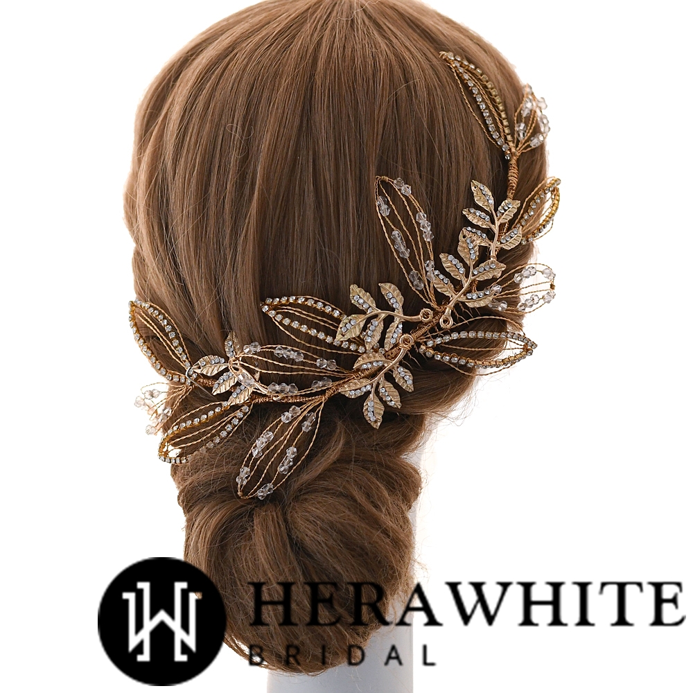 Rhinestones Gold Metallic Leaf Bridal Comb