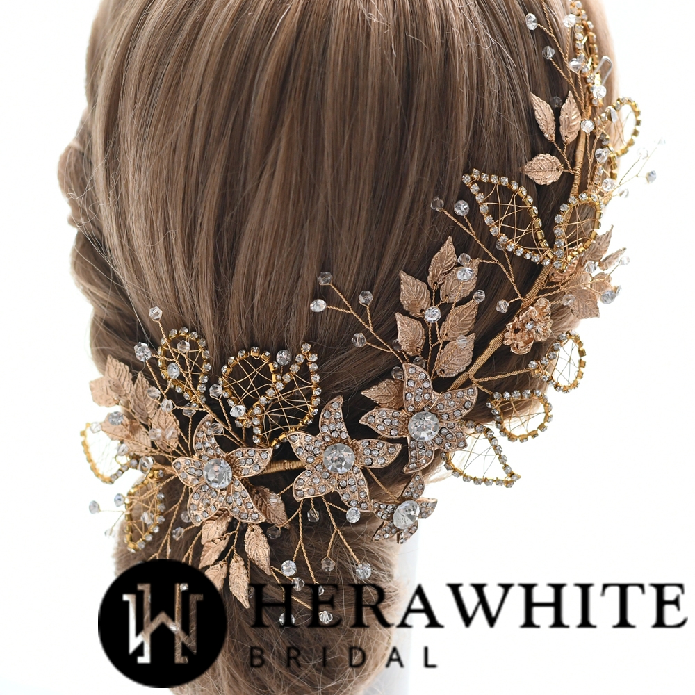 Luxury Gold Leaf Crystals Bridal Headpiece
