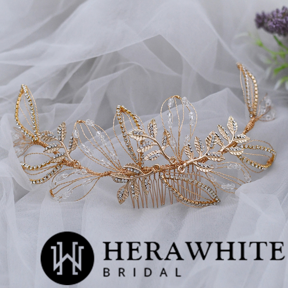 Rhinestones Gold Metallic Leaf Bridal Comb