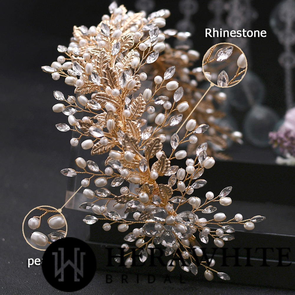 Gold Alloy Rhinestone Pearl Bridal Hair Hoop Headpieces