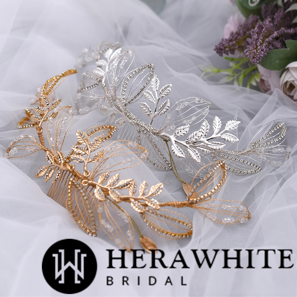 Rhinestones Gold Metallic Leaf Bridal Comb