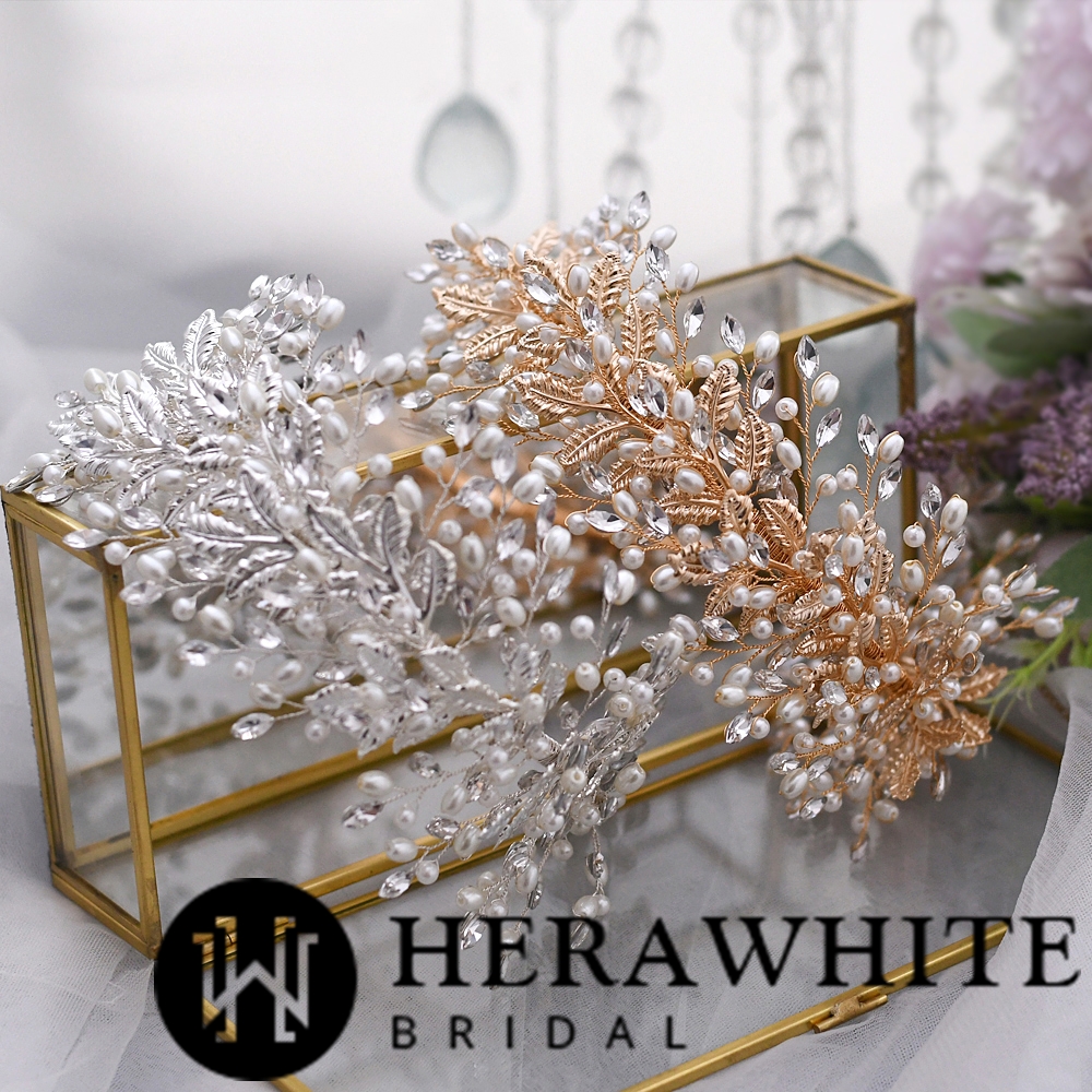 Gold Alloy Rhinestone Pearl Bridal Hair Hoop Headpieces